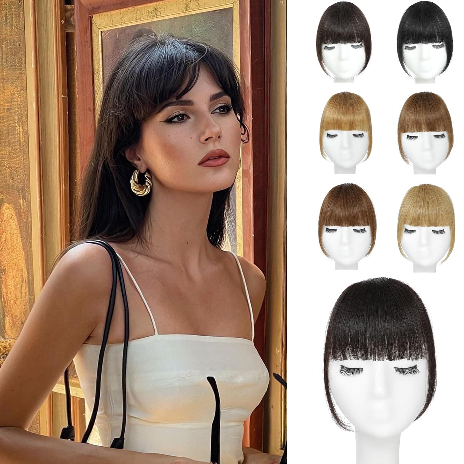 Clip In Bangs-Real Human Hair Brown Black Clip On Bangs Hair Extensions Fake Bangs Human Hair French Bangs Fringe With Temples Hairpieces Curved Bangs For Daily Wear