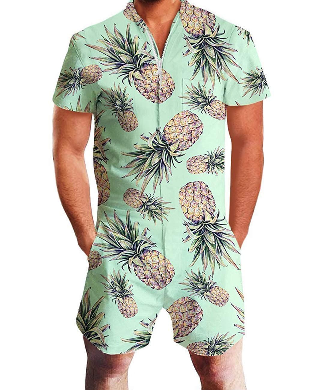 Idgreatim Men 3d Graphic One Piece Romper Casual Zipper Short Sleeve Jumpsuit Overalls