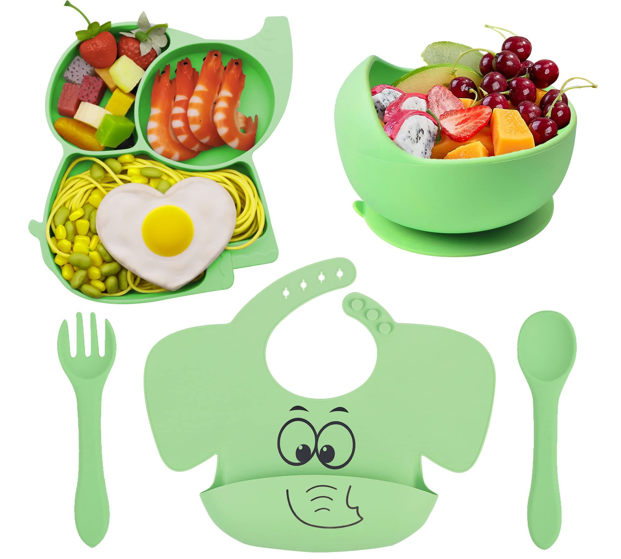 Hoseay Baby Weaning Set, 5 Pcs Silicone Baby Feeding Set with Suction Bowl Plate Fork Spoon Bib Baby Eating Set First Meal Tableware for Toddlers Babies Kids, Green Elephant