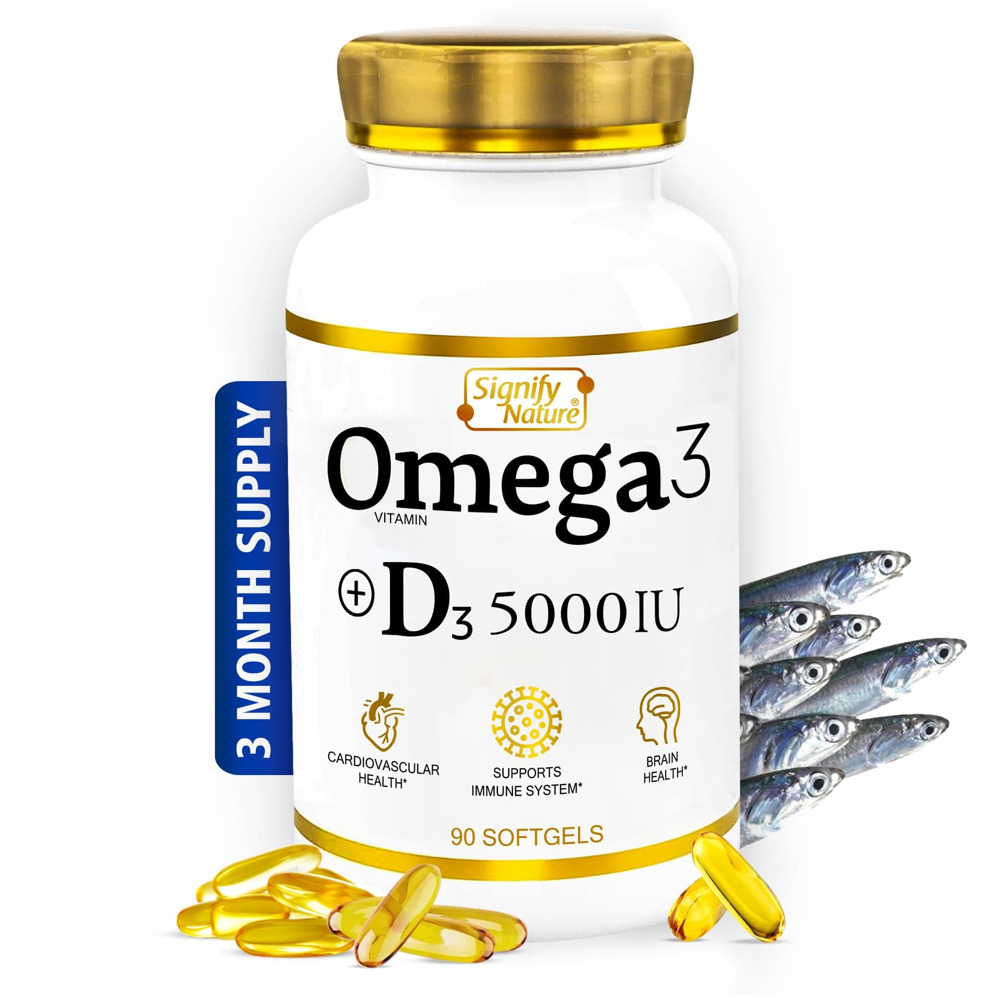 Omega 3 Fish Oil Supplement with Vitamin D3 5000 IU - 1000mg Triglyceride Capsules for Brain Health - Omega3 EPA DHA + VIT D 3-90CT
