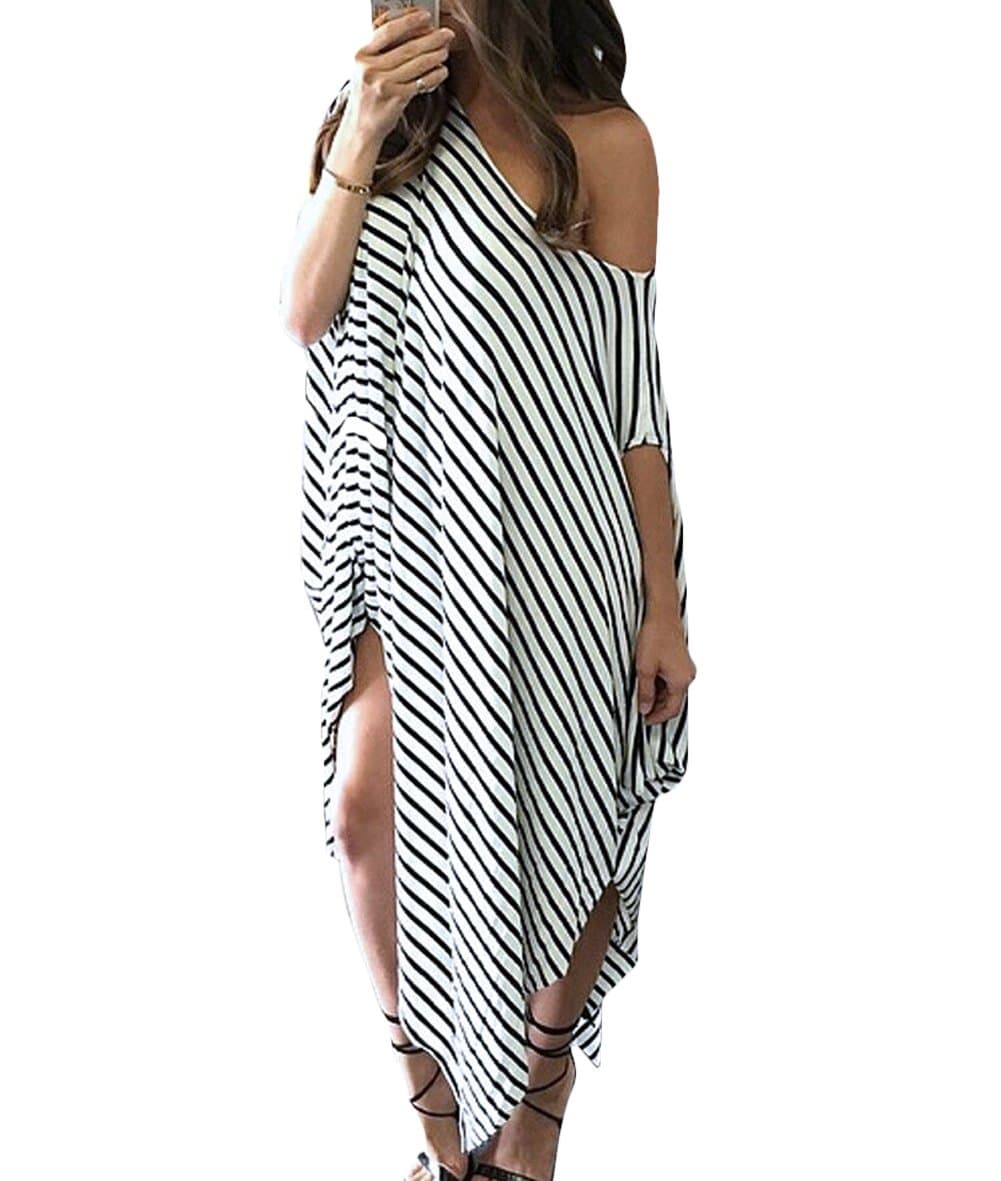 Celltronic Stylish Women Loose Round Neck Bat-wing Sleeve Striped Irregular Dress(M)