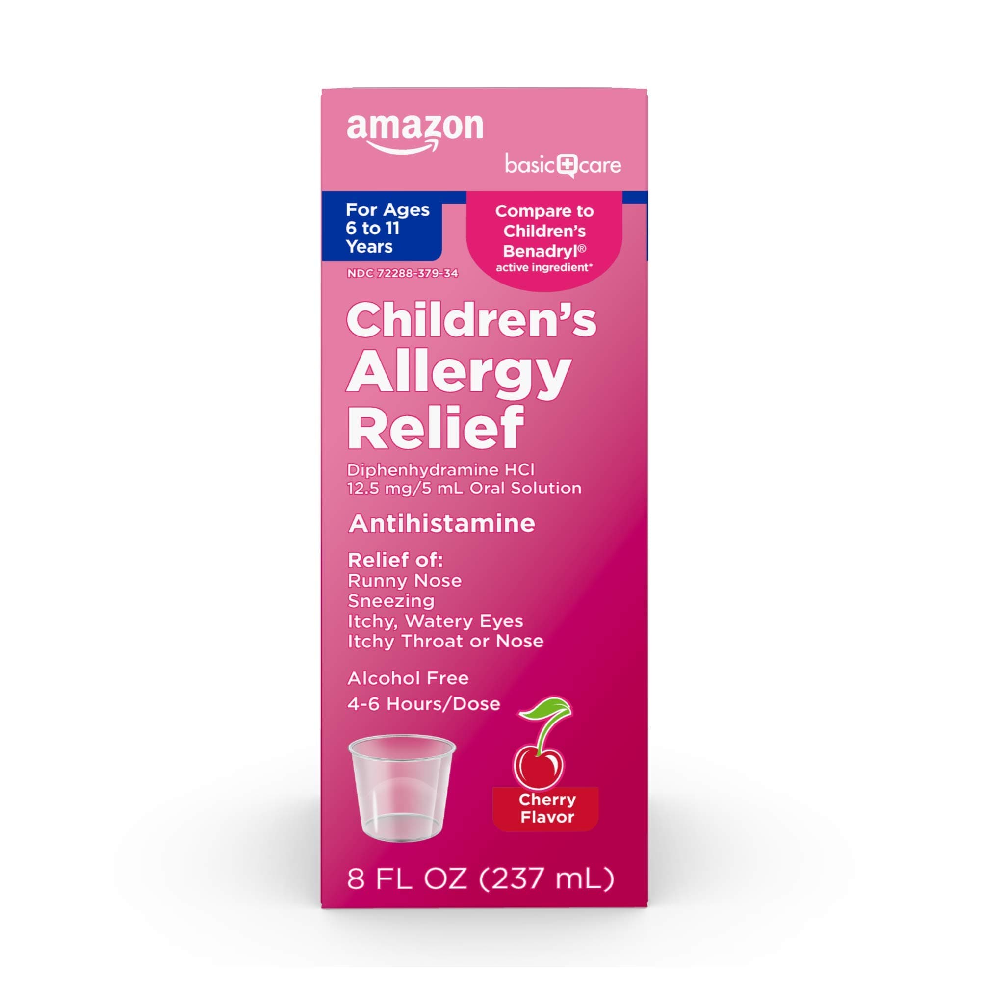 Amazon Basic Care Children's Allergy Relief Liquid, Kids Allergy Medicine with Diphenhydramine HCl, Antihistamine, Cherry Flavor, for Children Ages 6-11 Years, 8 fl oz (Pack of 1)