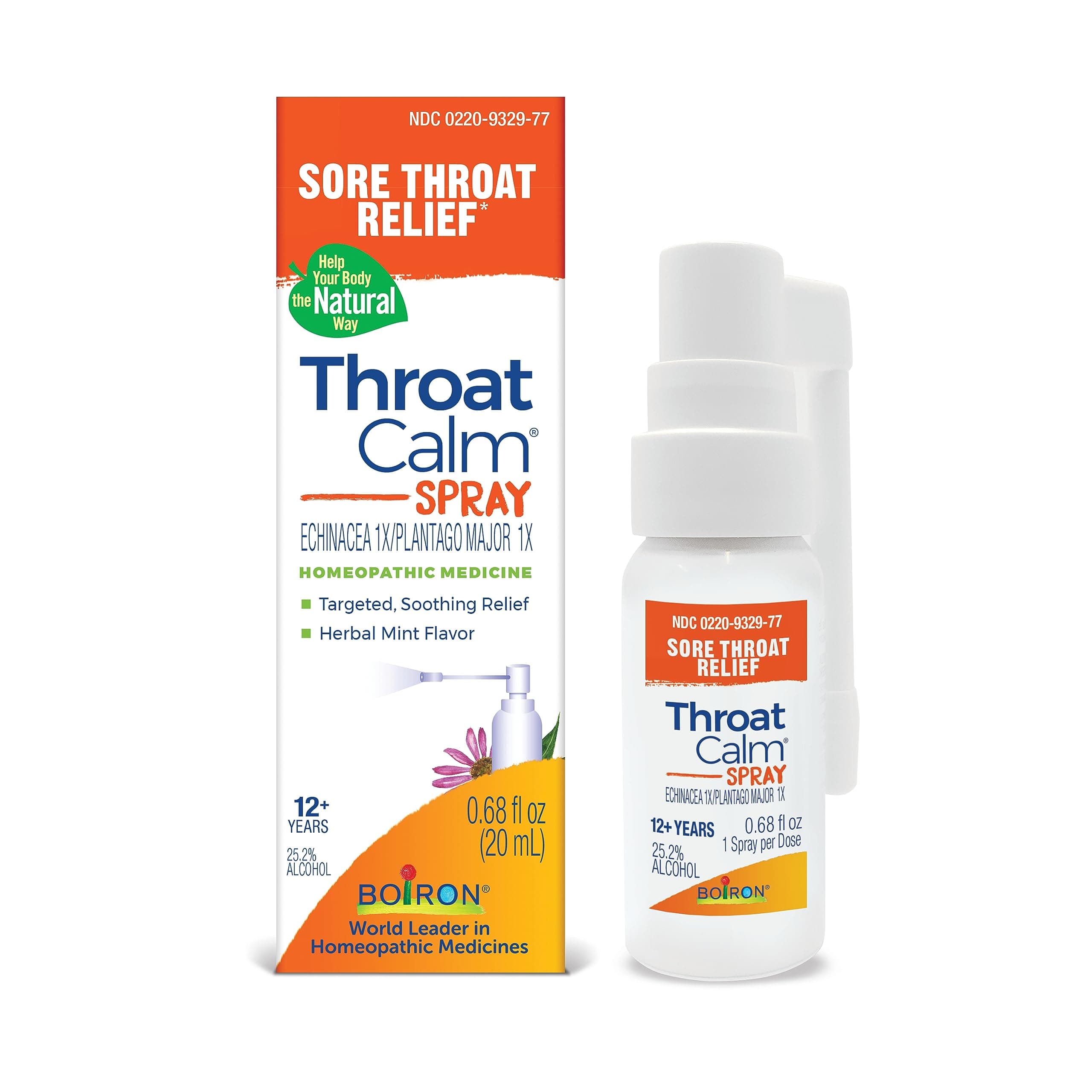 Boiron ThroatCalm Spray for Soothing Sore Throat Relief - Plant-Powered with Echinacea – Natural, Mint-Like Herbal Flavor - Non-Numbing & Benzocaine-Free - .68 Fl Oz