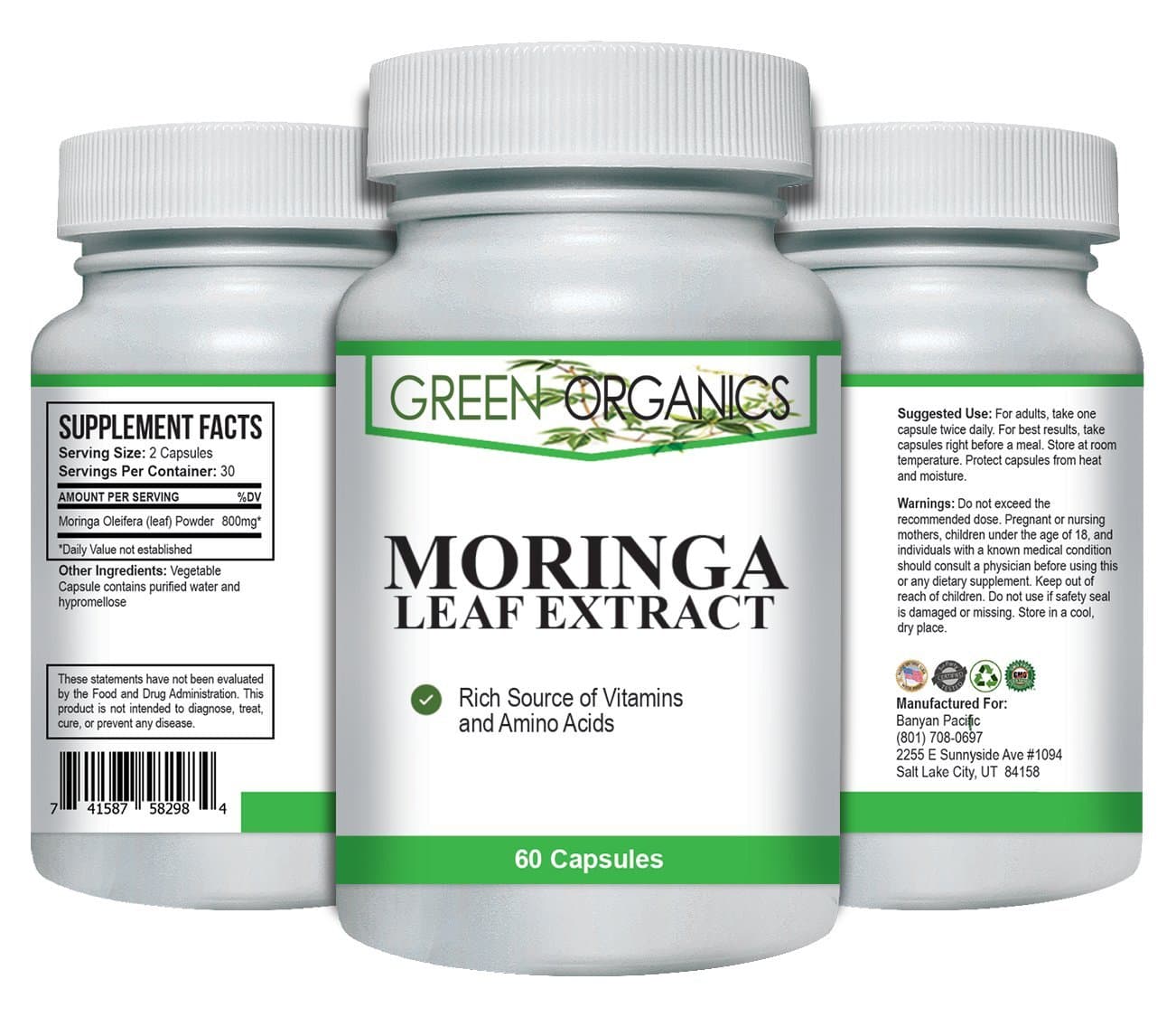 Green Organics Moringa Leaf Extract – 60 Capsules - Potent Appetite Suppressant for Quick Weight Loss. Increases Metabolism, Reduces Stress, Boosts Immune System with no Side Effects.