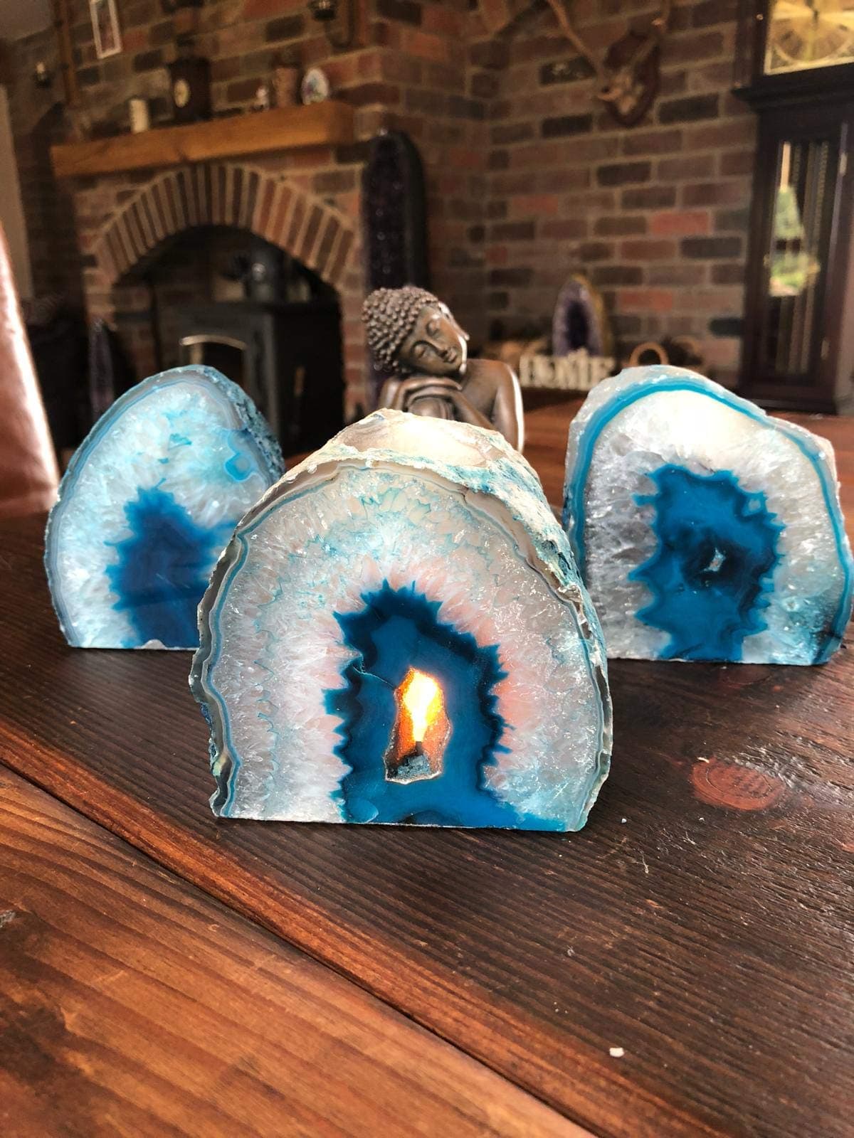 Large Teal Agate End Microcrystalline Quartz Tealight Candle Holder Ornament Gift