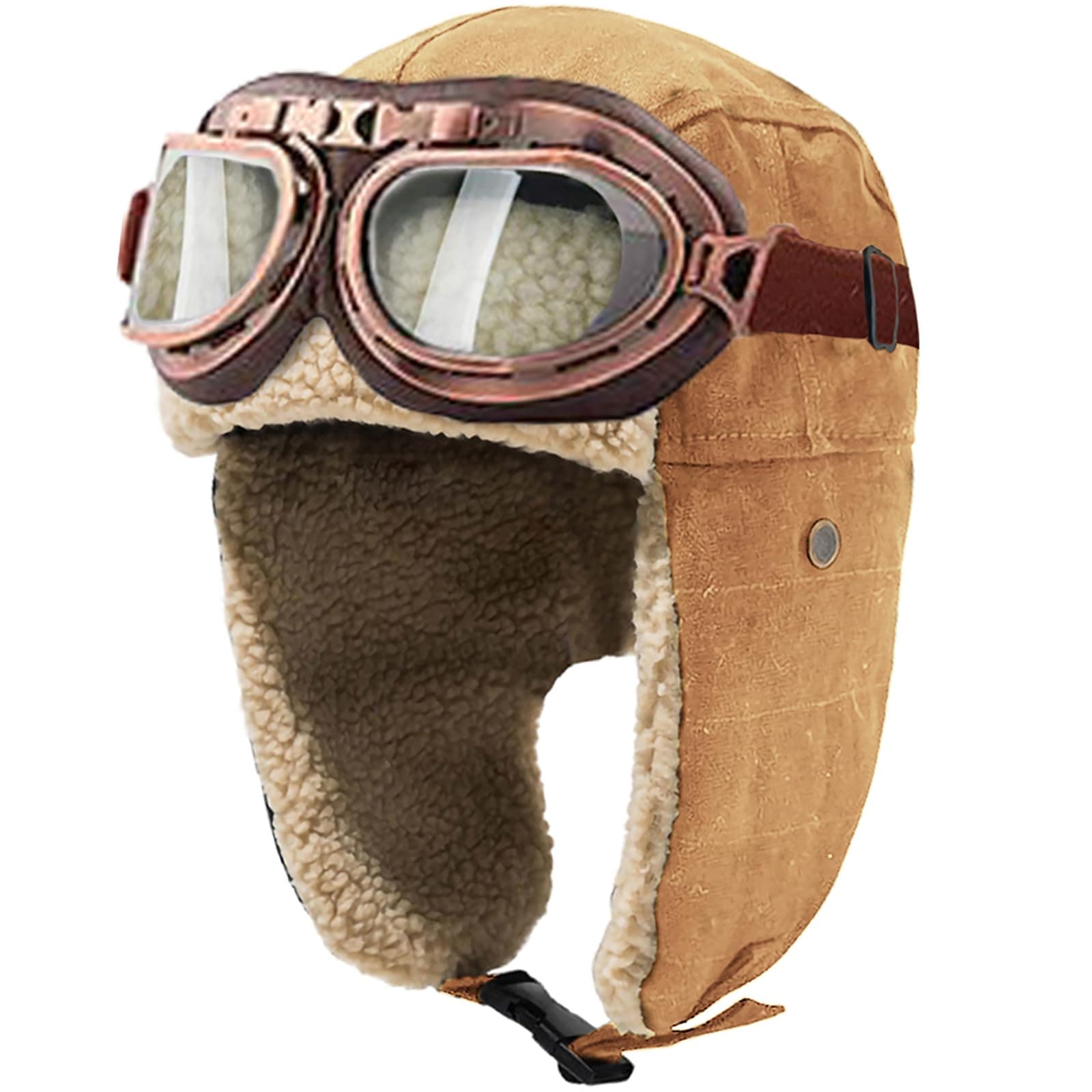 Peicees Vintage Aviator Hat and Goggles Costume Accessories Winter Snowboard Fur Ear Flaps Trooper Trapper Pilot Cap Motorcycle Goggles for Men Women Youth (Khaki Hat+Copper Frame/Clear Lens)