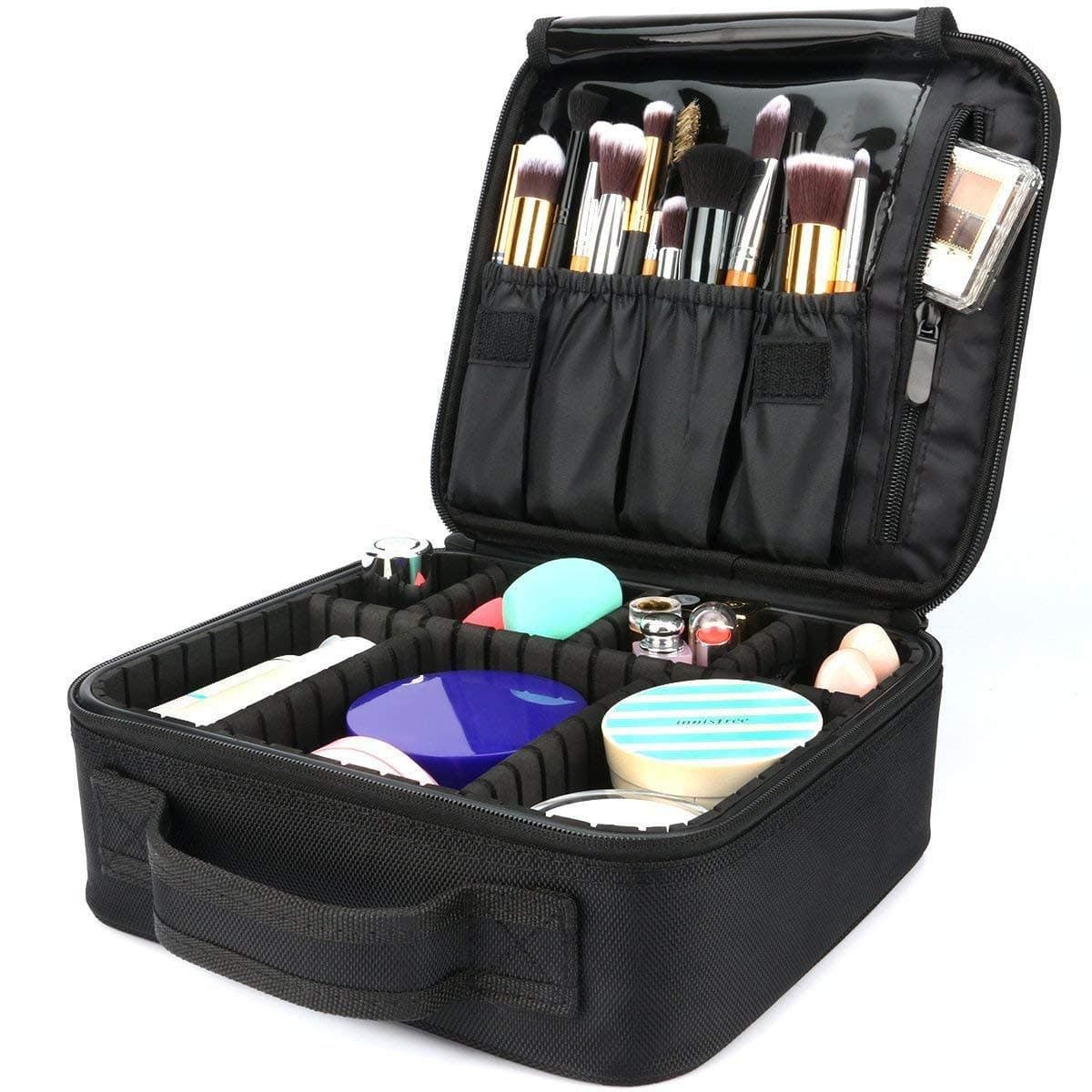 Travel Makeup Bag,Portable Travel Makeup Cosmetic Case Organizer Artist Storage Bag with Adjustable Dividers for Cosmetics Makeup Brushes Toiletry Jewelry Digital Accessories, Black, BK14-WAA-2
