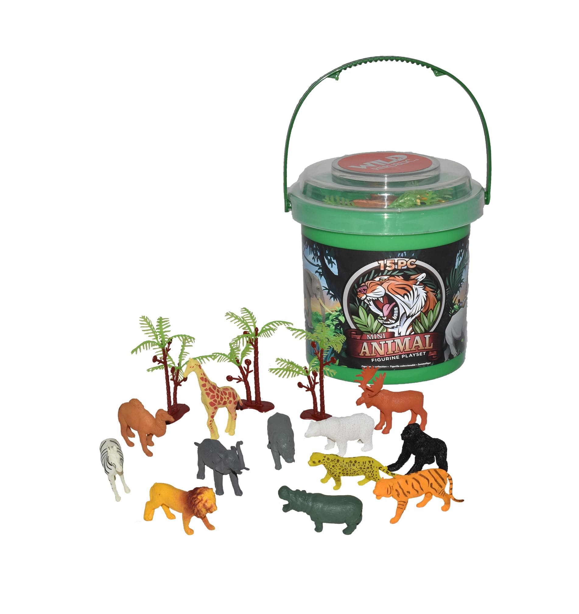 Wild Animals Bucket, Toy Figures, Kids Gifts, Jungle Theme Party Supplies, Zoo Animals, 15-Pieces