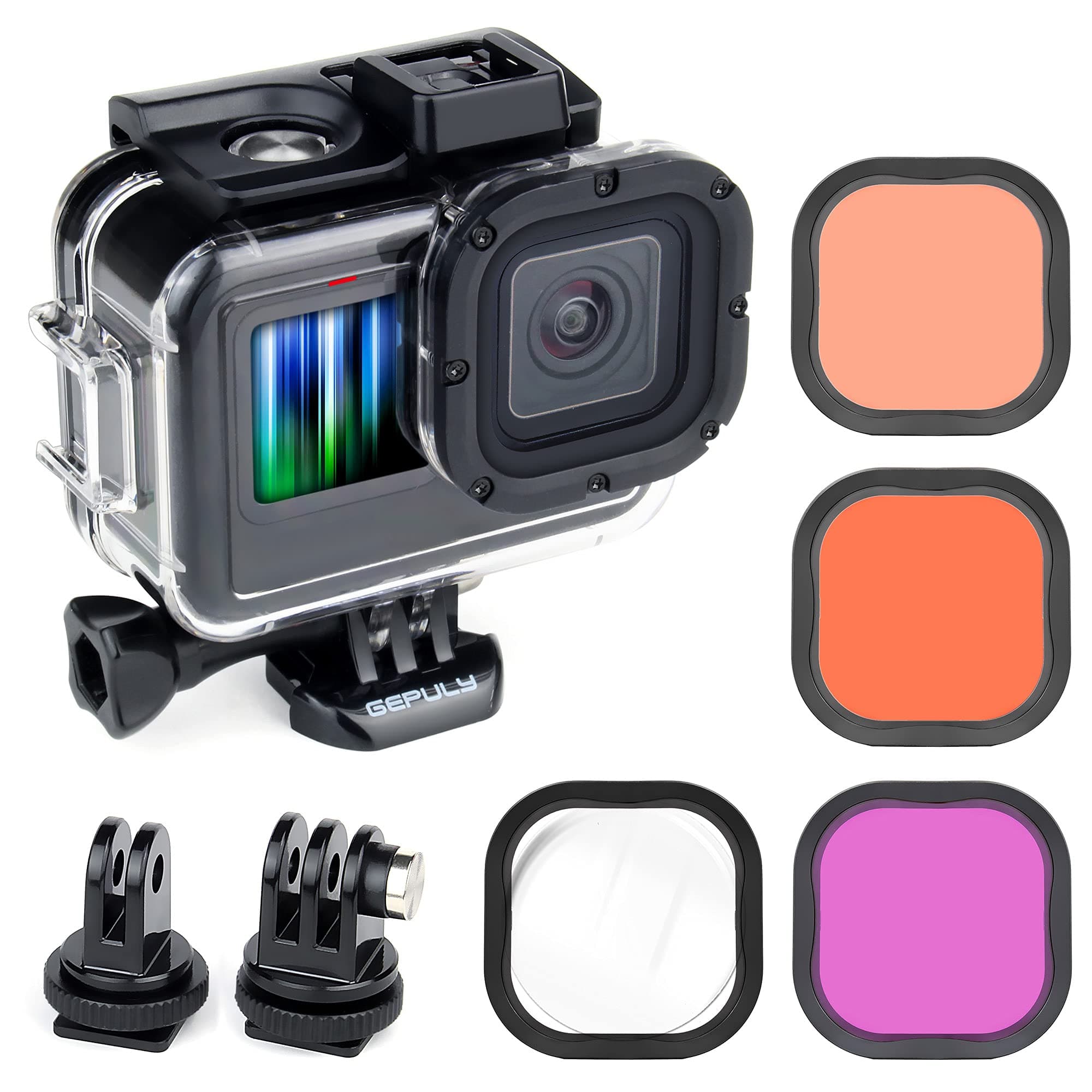 GEPULY Waterproof Case with Dive Filters for GoPro Hero 9 10 11 12 Black,60m Underwater Protective Dive Housing Case with Red, Snorkel, Magenta, Close-up Filters for GoPro Hero 12 11 10 9 Black Camera
