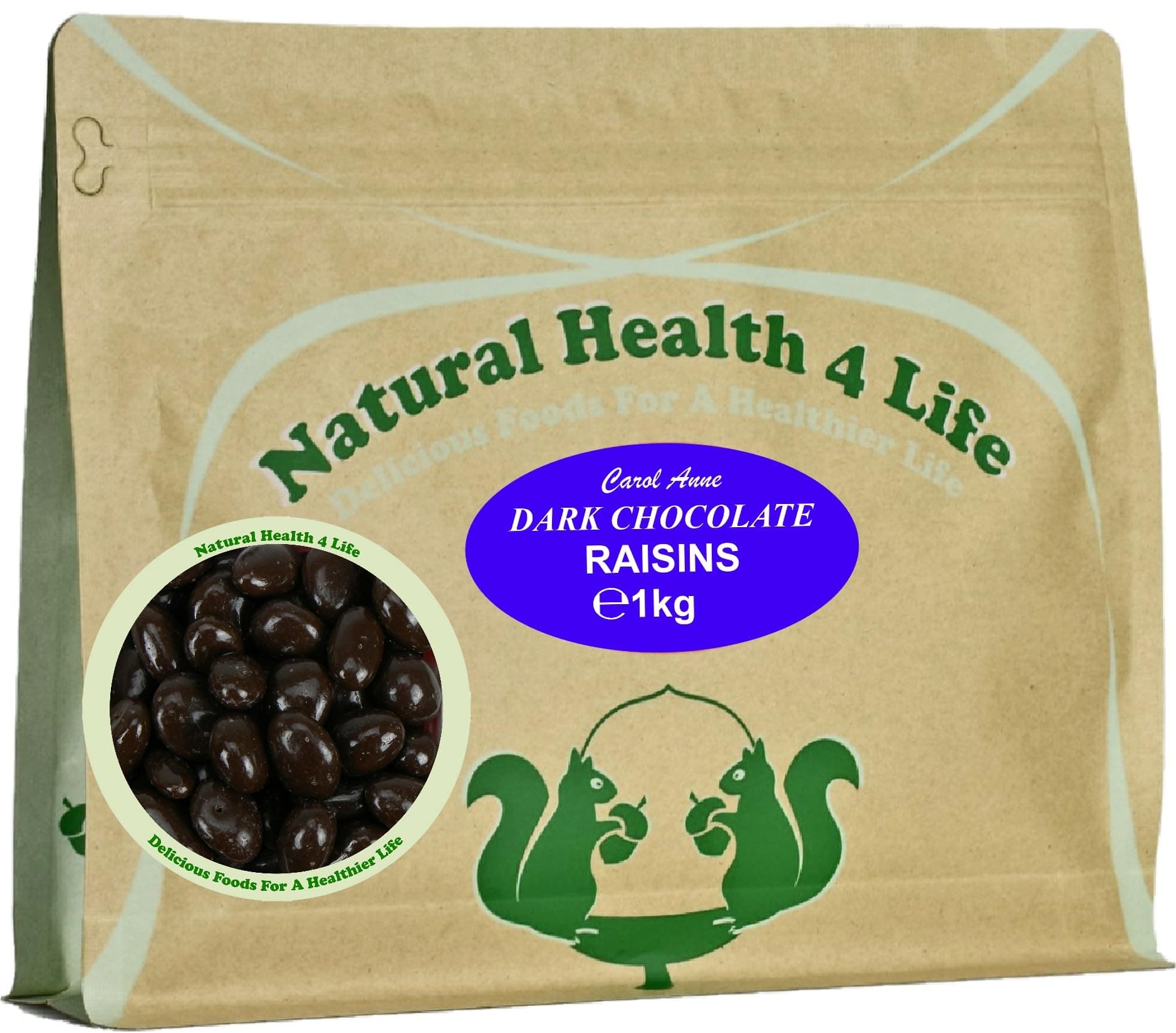 Natural Health 4 Life Carol Anne Confectioner Dark Chocolate Raisins 1kg, Chocolate Covered Raisins in Resealable Pouch, 3.5g Protein/100g, Snack for Parties, Baking, Events (Pack of 1)