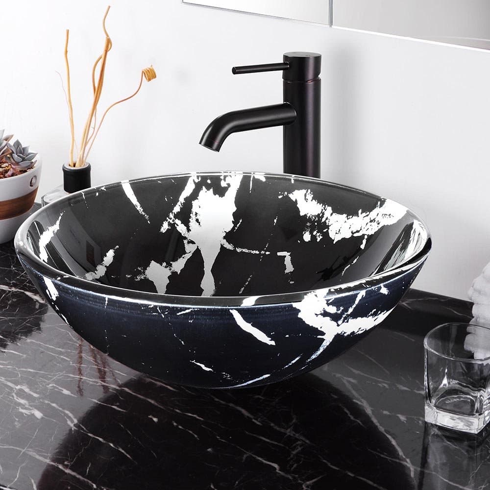 Aquaterior Tempered Glass Bathroom Vessel Sink Round Artistic Marbling Pattern Above Counter Lavatory Vanity Bowl Basin Industrial Modern