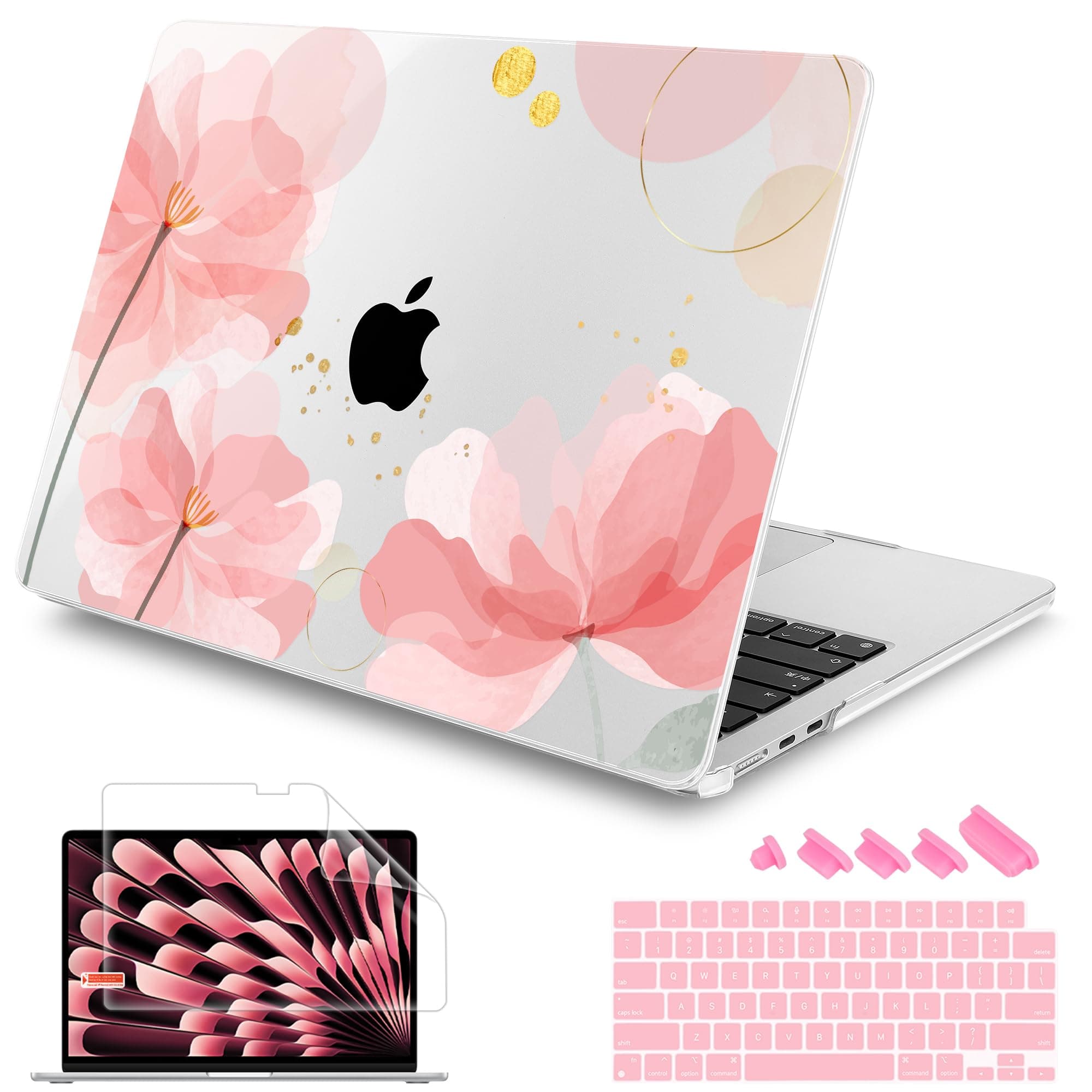 Compatible with MacBook Air 15 inch Case M3 M2 Chip 2024 2023 Release Model:A3114 A2941, Hard Shell Case with Screen Protector + Keyboard Cover and Dust Plug, Watercolor Art Flower