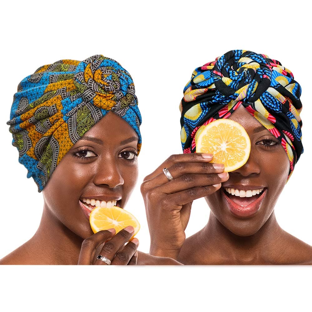 Samserot 2 Pieces Women Knotted Turban Cap, Twist Head Wrap Beanie Perfect for Long/Short Hair, Group 3