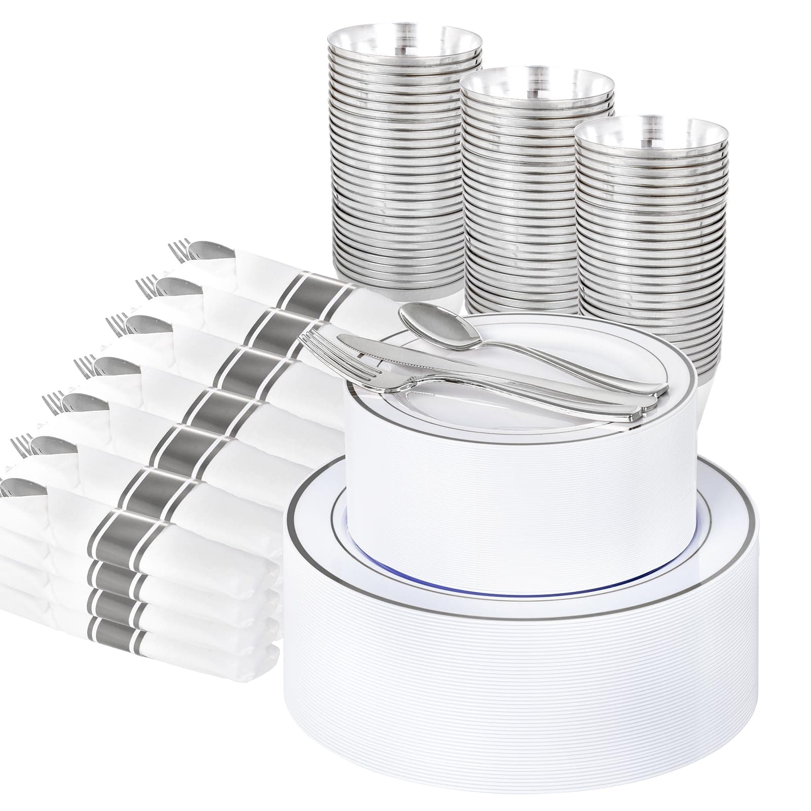 WELLIFE 350Pcs Silver Plastic Plates with Disposable Silverware and Cups, Include: 50 Dinner Plates 10.25”, 50 Dessert Plates 7.5”, 50 Silver Rim Cups 9 OZ, 50 Pre Rolled Napkins Packed in