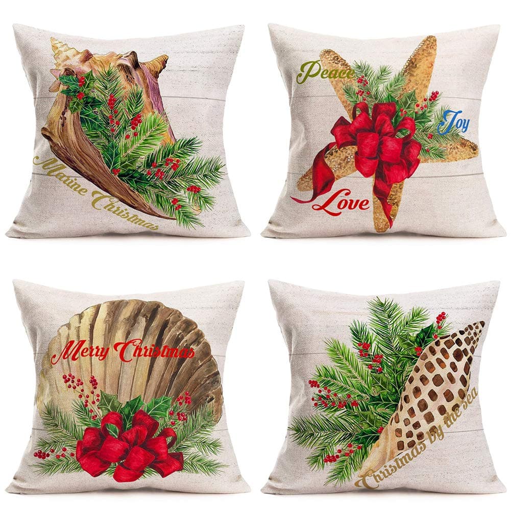 Asminifor 4Set Xmas Christmas Home Decor Throw Pillow Covers Ocean Starfish Beach Scallop Conch Red Mistletoe Holly Merry Christmas Pillowcase Cotton Linen Cushion Cover for Sofa 18”x18” (Xmas-Ocean)
