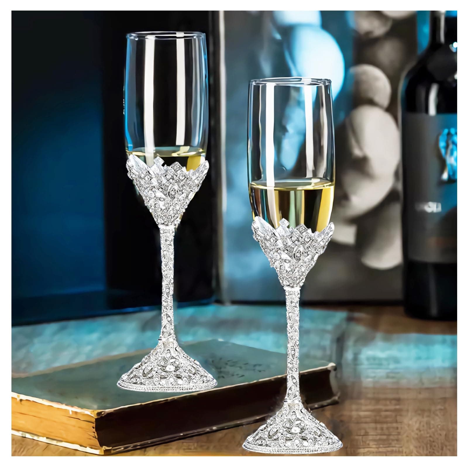 Wedding Champagne Flutes Set of 2 - Metal Base With Crystal Stones, Glasses for Bride and Groom, Engagement Gifts, Party, Anniversary, Christmas - 7oz
