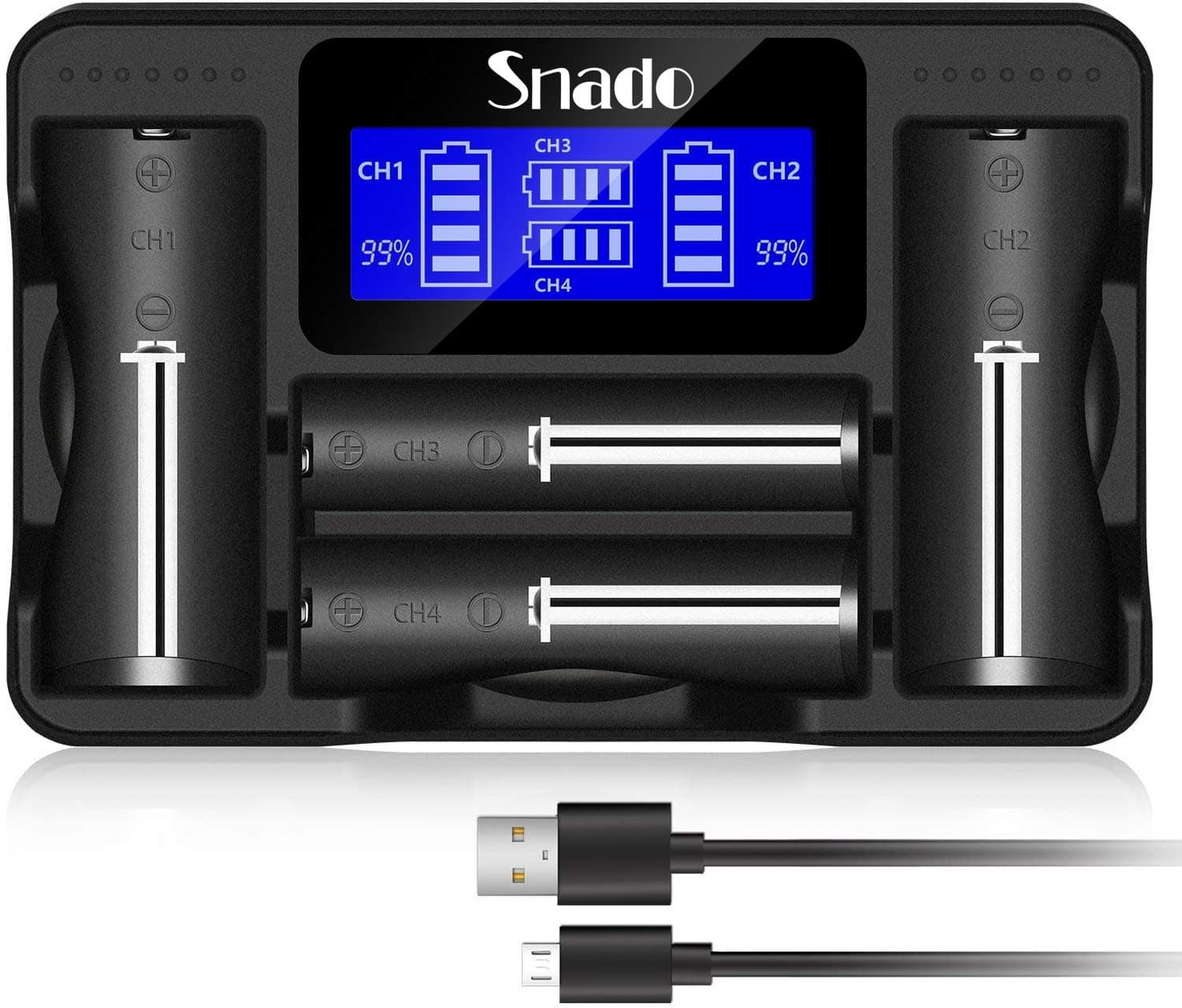 Snado LCD Display Universal Intelligent Charger for Rechargeable Batteries Li-ion batteries 18650 18490 18350 26650, Ni-MH/Ni-Cd Batteries (4 Slots)