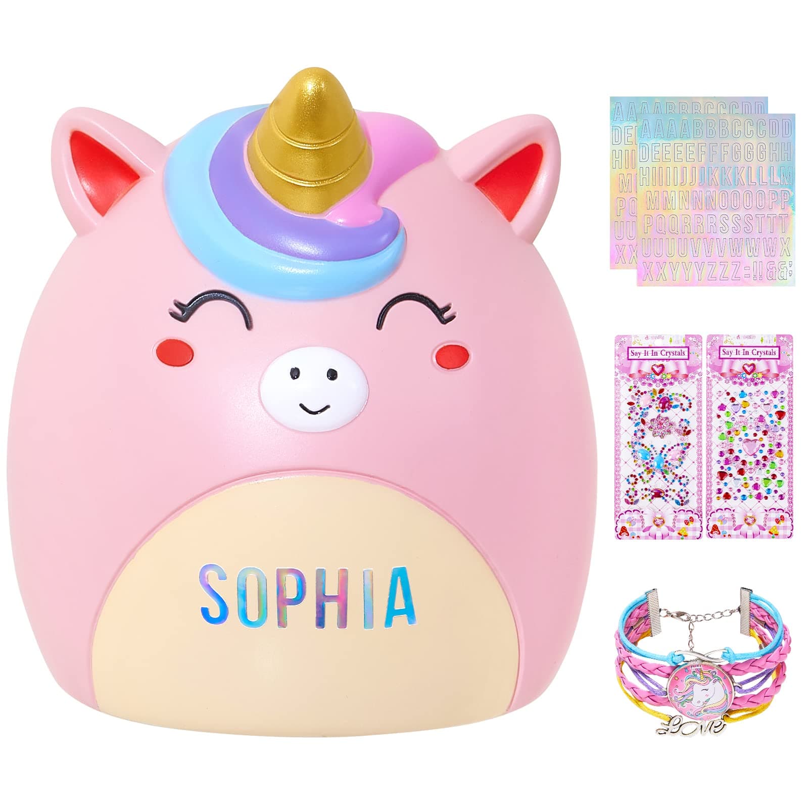 Piggy Bank Girls Unicorn Piggy Banks Cute Unbreakable Resin Coin Money Bank with Stickers Bracelet Set for Kids Toddlers, Pink