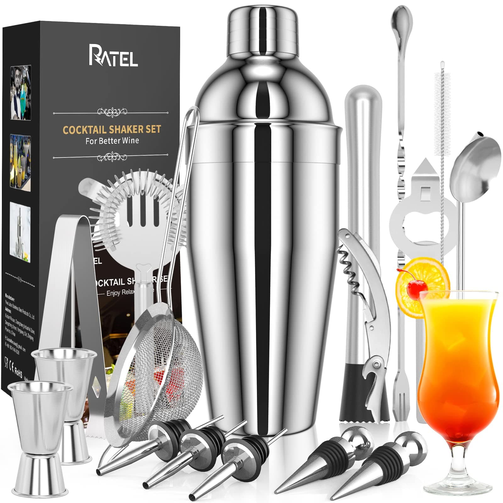 Cocktail Set, RATEL 17 Pcs Professional Cocktail Shaker Set Full Range of Accessories, Cocktail Making Set Cocktail Shaker Kit, Including 750ml Cocktail Shaker, Strainer, Muddler, Cocktail Manual