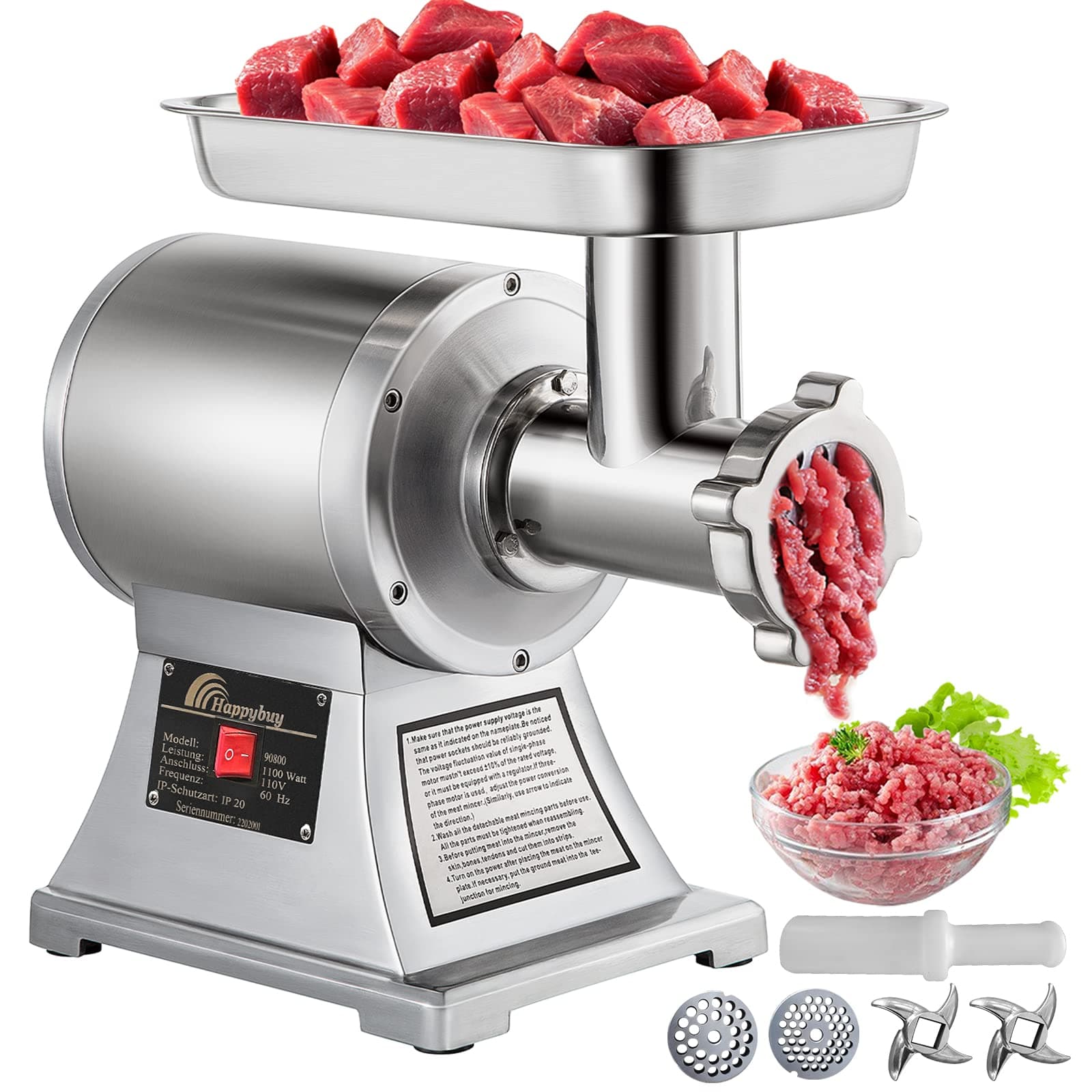 Commercial Meat Grinder,550LB/h 1100W, 220 RPM Heavy Duty Stainless Steel Industrial Meat Mincer w/2 Blades, Grinding Plates & Meat Pusher