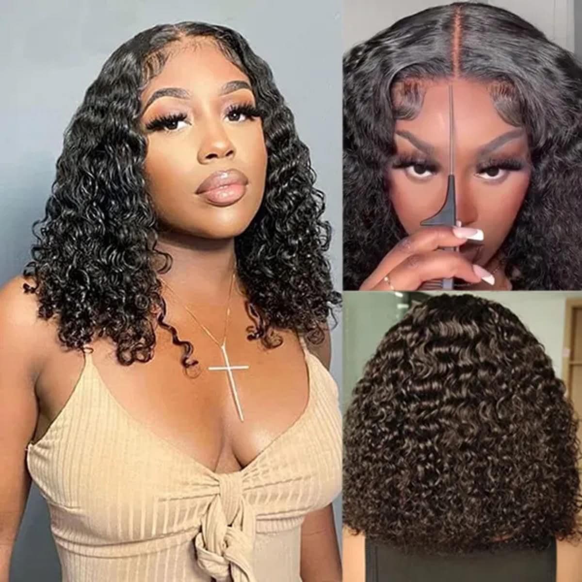 ISEEWear and Go Glueless Wigs Bob Wigs Pre Plucked Water Wave Lace Front Wigs Upgraded No Glue Transparent Lace Closure Wigs for Black Women Natural Black 16 InchClimatePartner certified