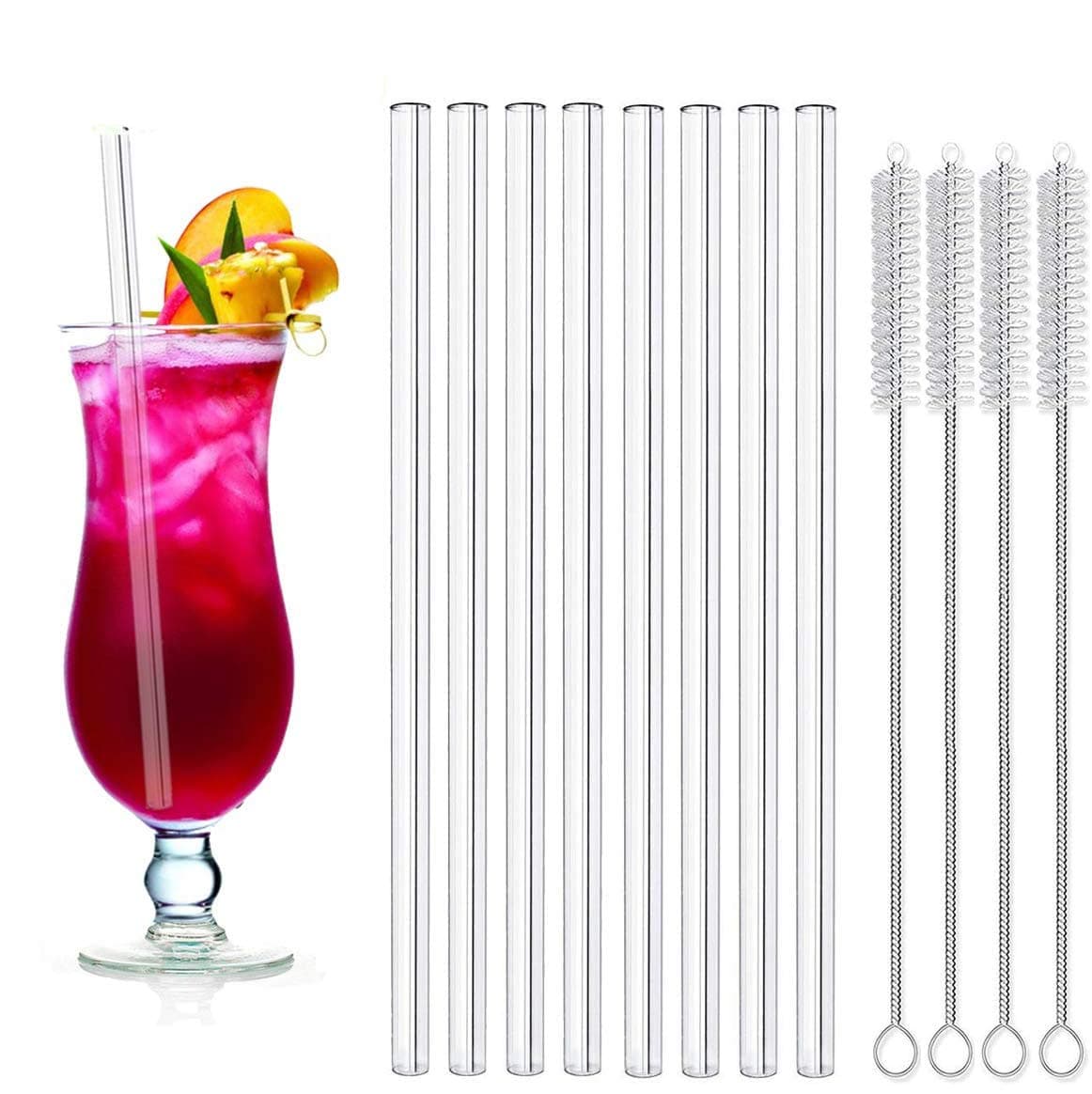Glass Straws Long - Reusable Clear Drinking Straws, Healthy, Eco Friendly, BPA Free, Very Sturdy - Milkshake and Smoothie Straws - 8 Straight with 4 Cleaning Brush