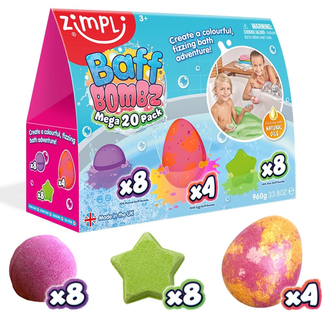 ZIMPLI - 20 x Baff Bombz Mega Pack, Create a colourful, fizzing, bathtime adventure, Bath Bomb Fizzers Gift Set, Birthday Gift for Kids