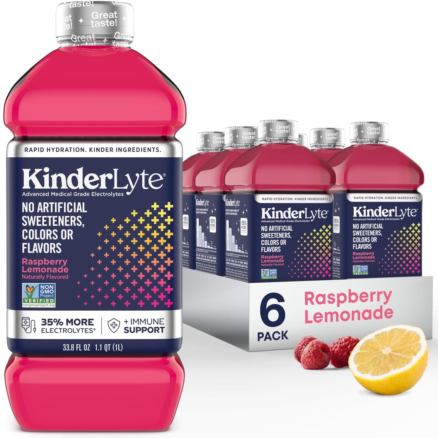 KinderlyteAdvanced Electrolyte Solution, 2X Faster Hydration vs. Water Alone, No Artificial Sweeteners or Flavors, No Synthetic Dyes, Raspberry Lemonade, for Kids and Adults, 33.8 fl oz (Pack of 6)