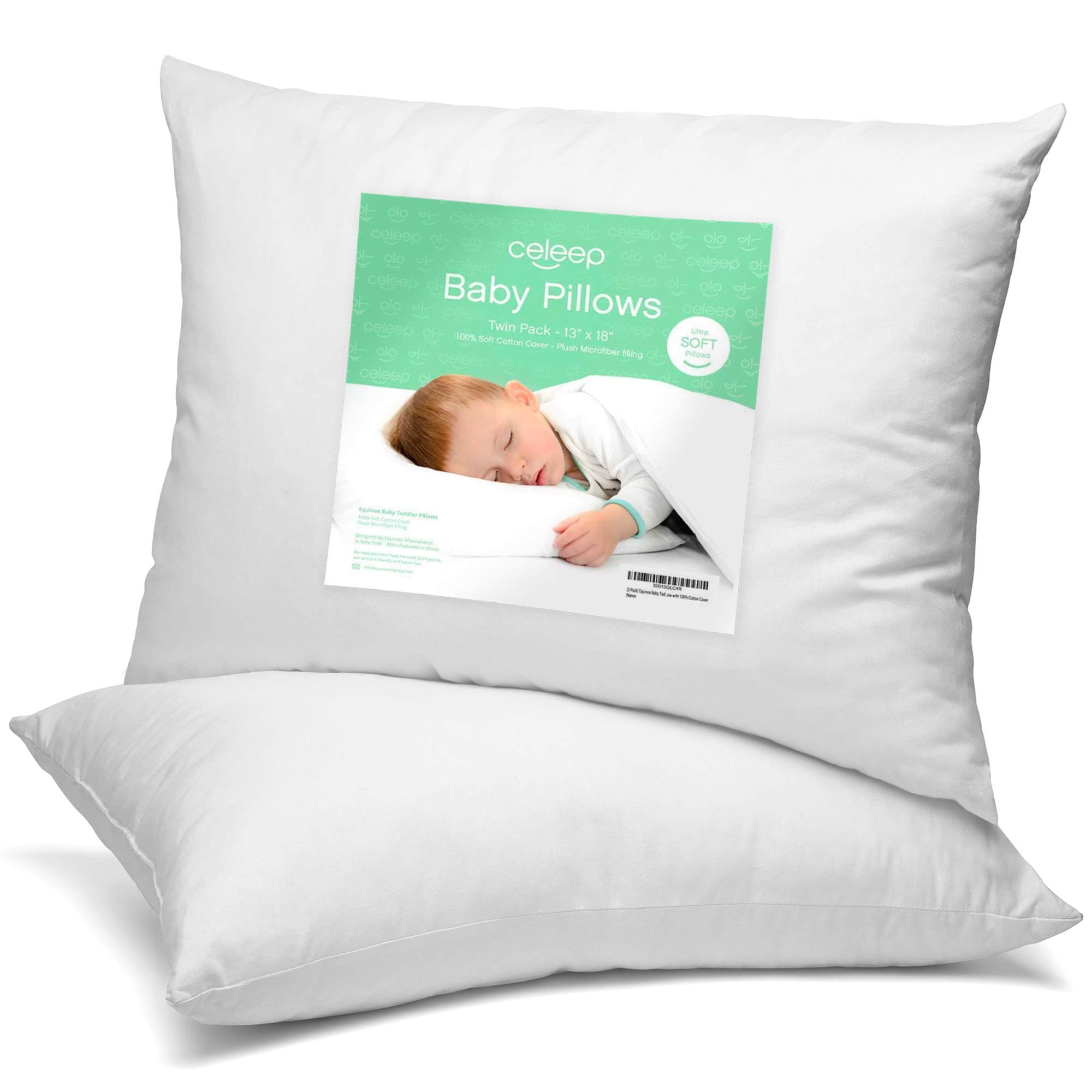 Baby Pillow 2 Pack - 33x45cm Soft Organic Cotton Toddler Pillows for Sleeping - Small Kids Infant Pillows for Travel, Baby Cot or Bed, Perfect Newborn Baby Gift with White Pillowcases