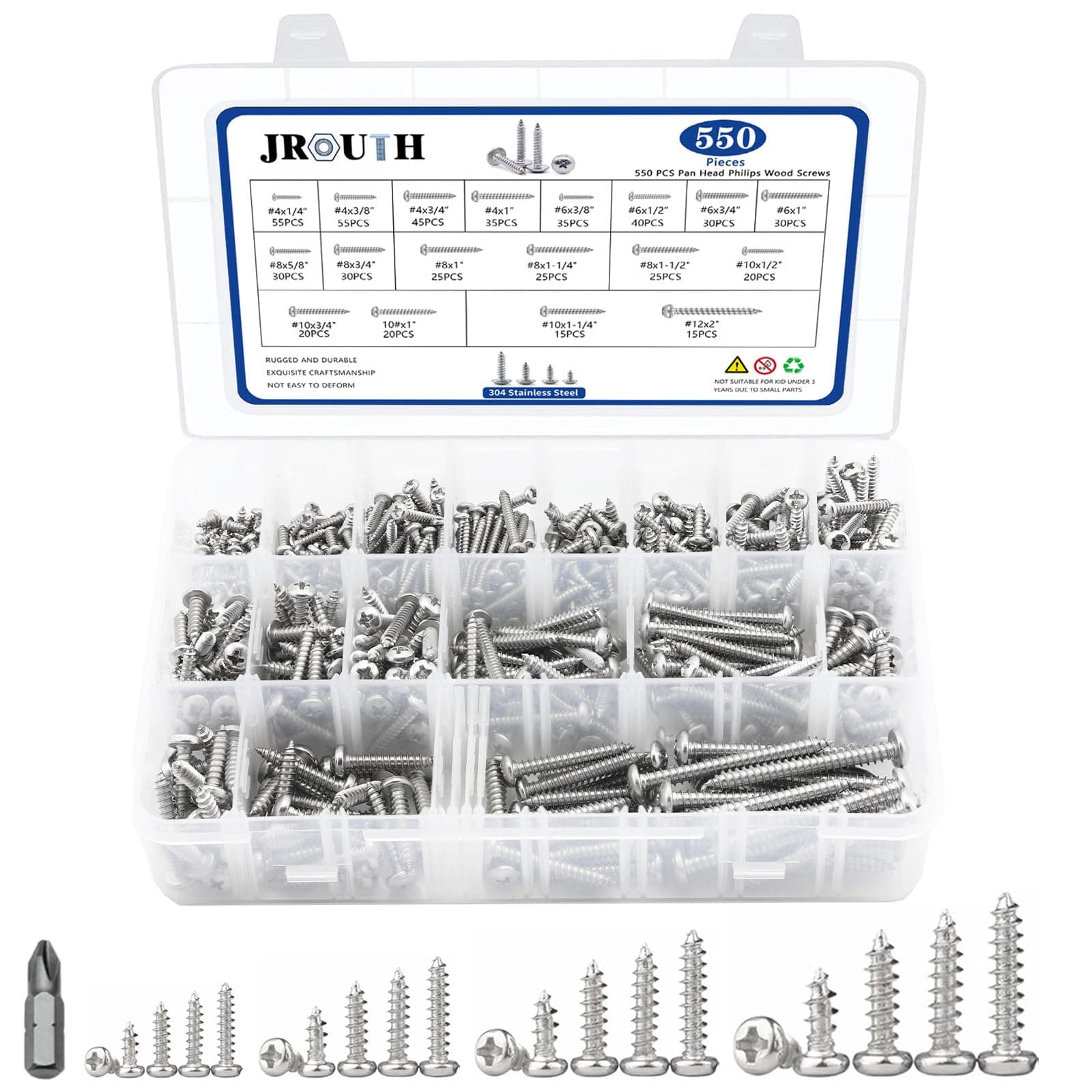 550Pcs Stainless Steel Wood Screws Assortment Kit, Philips Pan Head Sheet Metal Screws Self Tapping Screws, #4,#6,#8,#10,#12, Length 1/4" to 2" - Silver