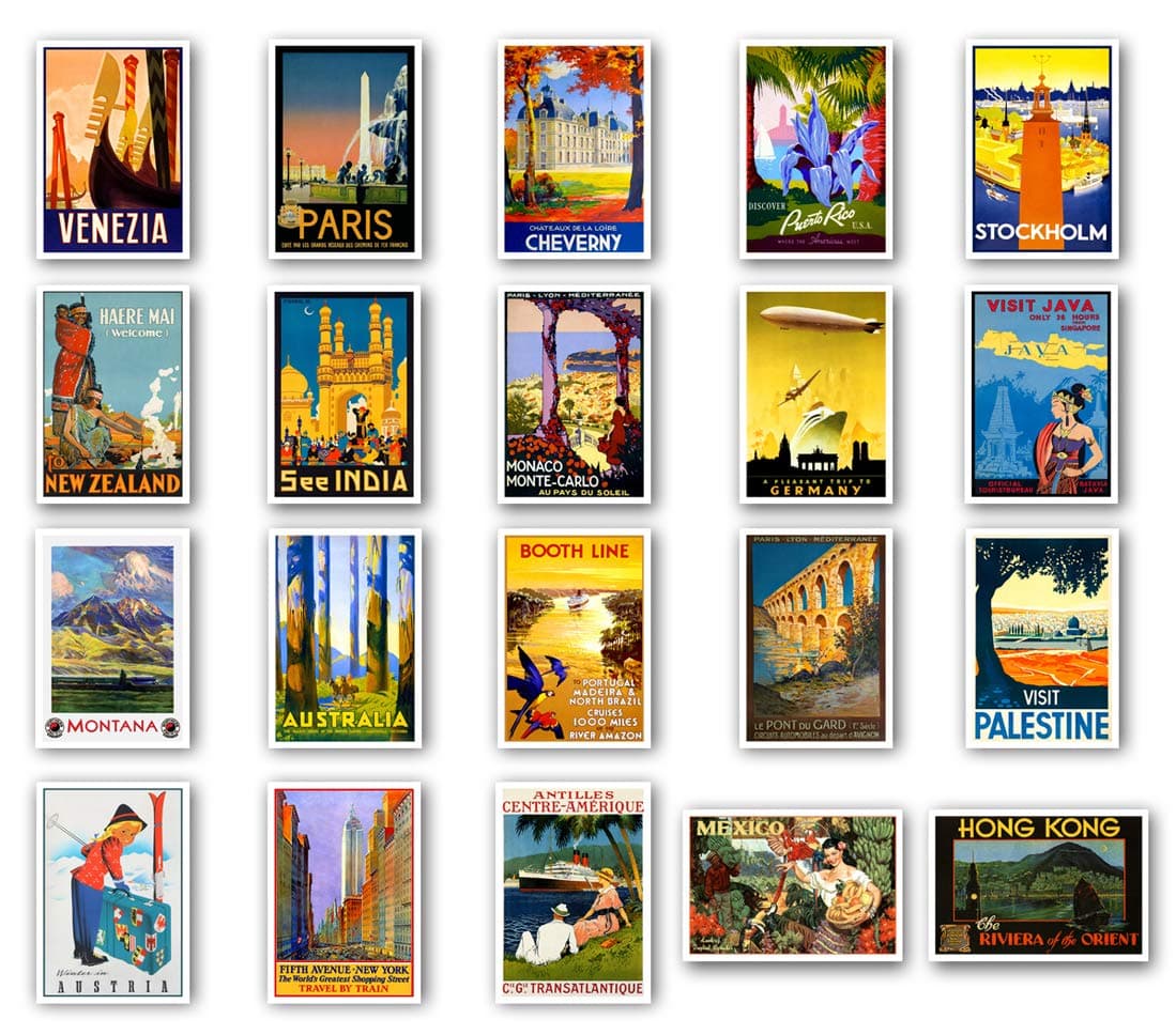VINTAGE TRAVEL POSTERS postcard set of 20. depicting the original 1920s-1940s posters. Variety pack reprint postcards. Made in USA.