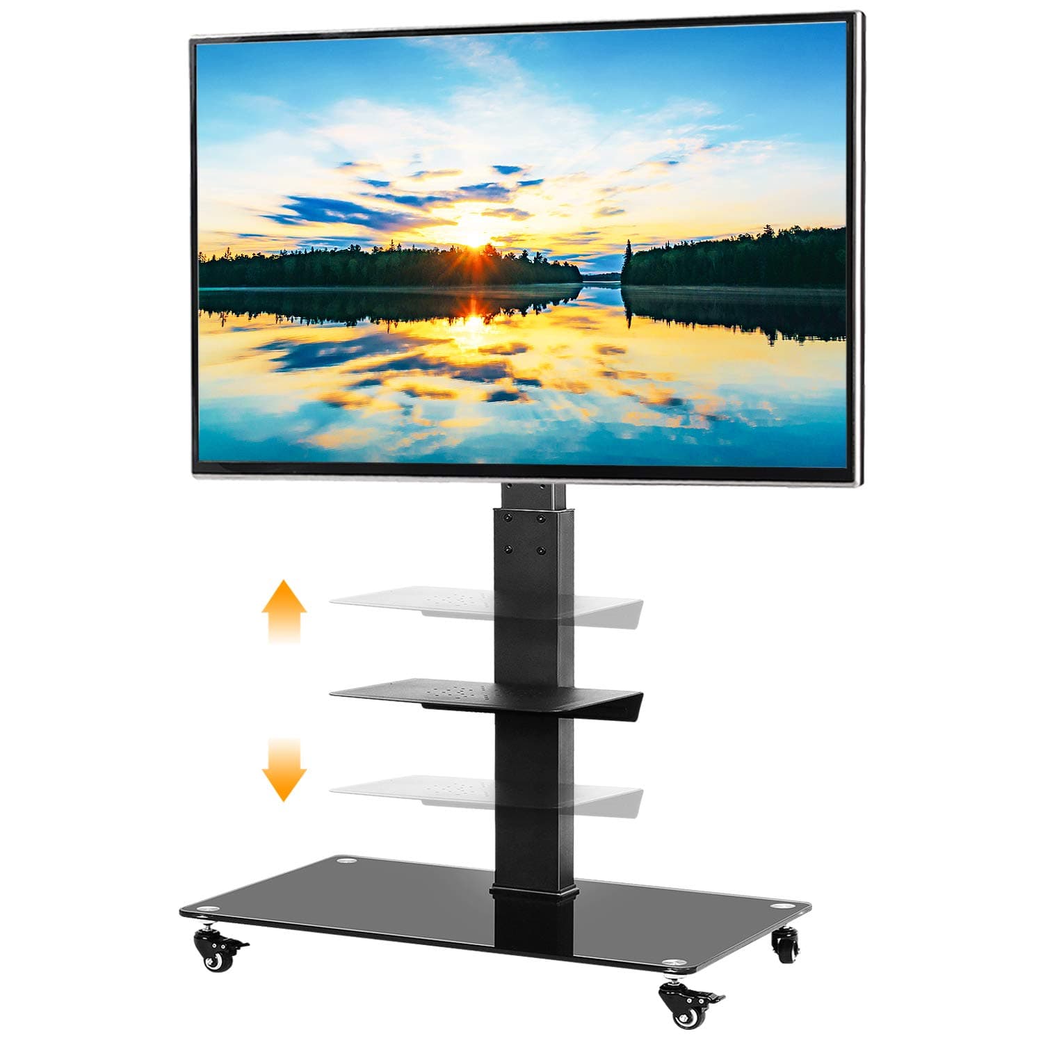 5Rcom Tall Rolling Floor TV Stand Mobile TV Cart with Lockable Caster Wheels and Shelves for 32 37 42 46 50 55 60 65 70 inch Wooden Base Flat Panel and Curved TVs with Swivel Mount, Black