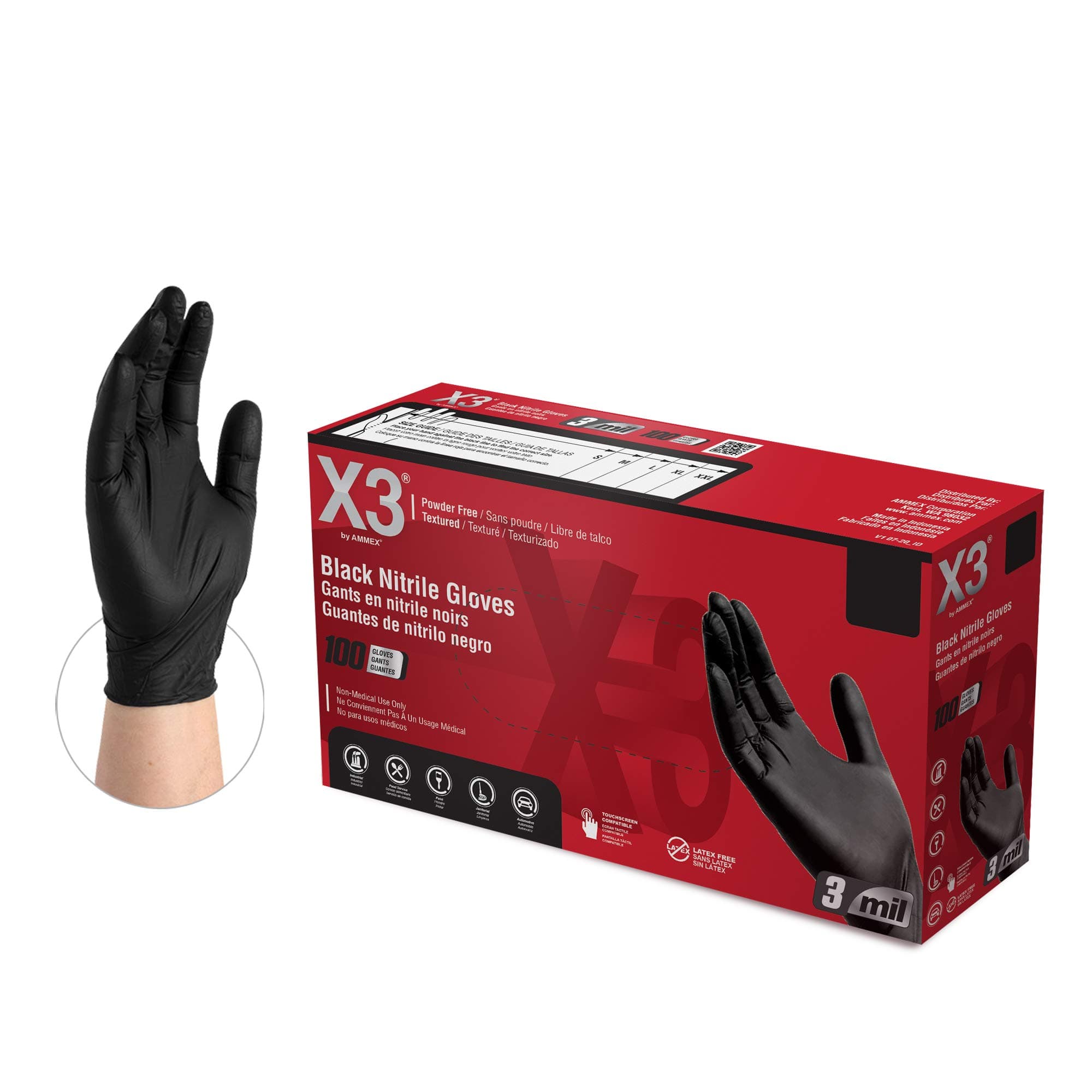 X3 Black Gloves, Disposable, Latex Free, Nitrile, for Cooking, Food Prep, 3 Mil, Powder-Free, Sizes Small through XX-Large