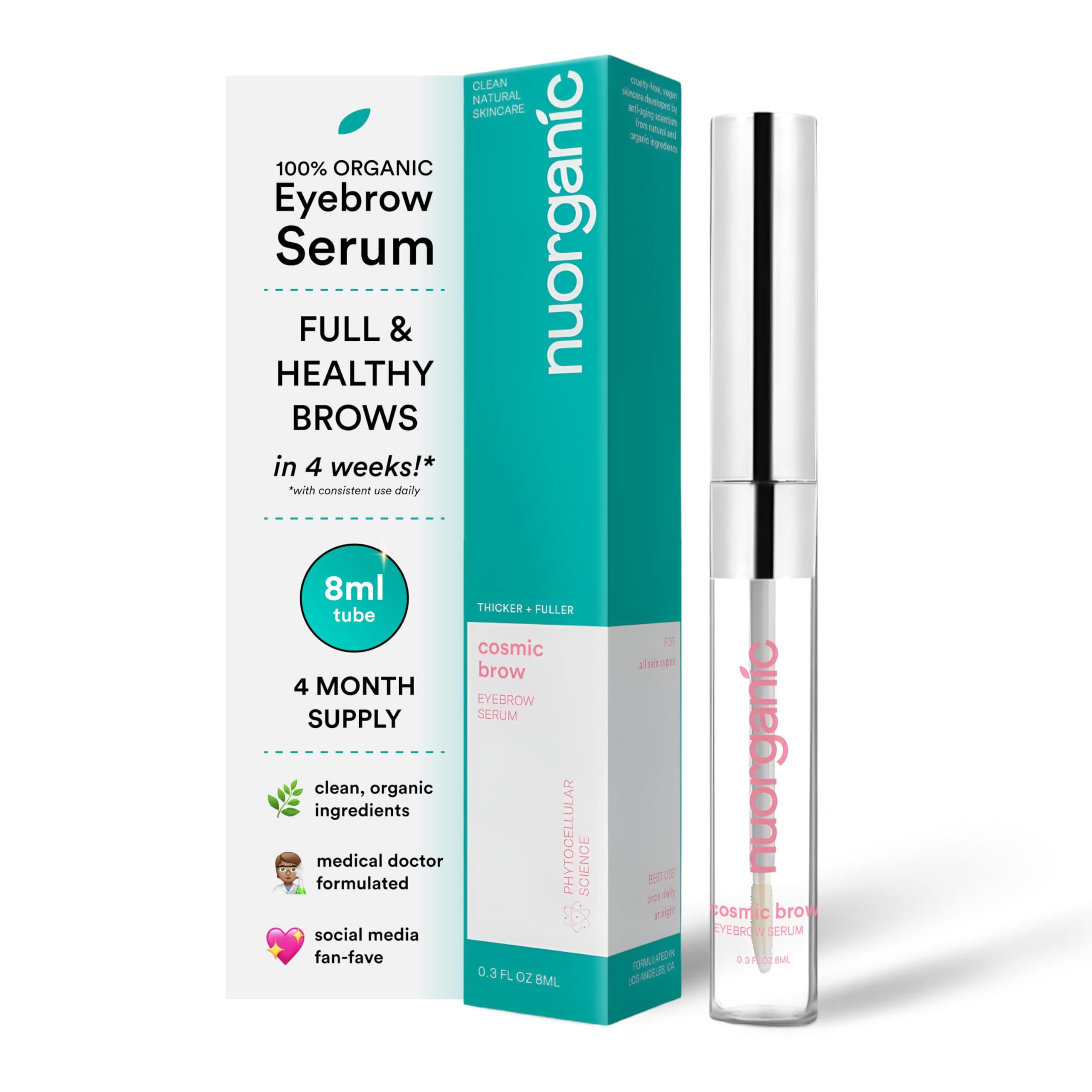 NuOrganic Cosmetics Eyebrow Serum Growth Enhancer Gel Naturally Grow Fuller, Darker & Thicker brows Plant Based Stem Cell Serum with Biotin & Growth Peptides Fast Absorbing, Vegan & Cruelty Free (8ML)