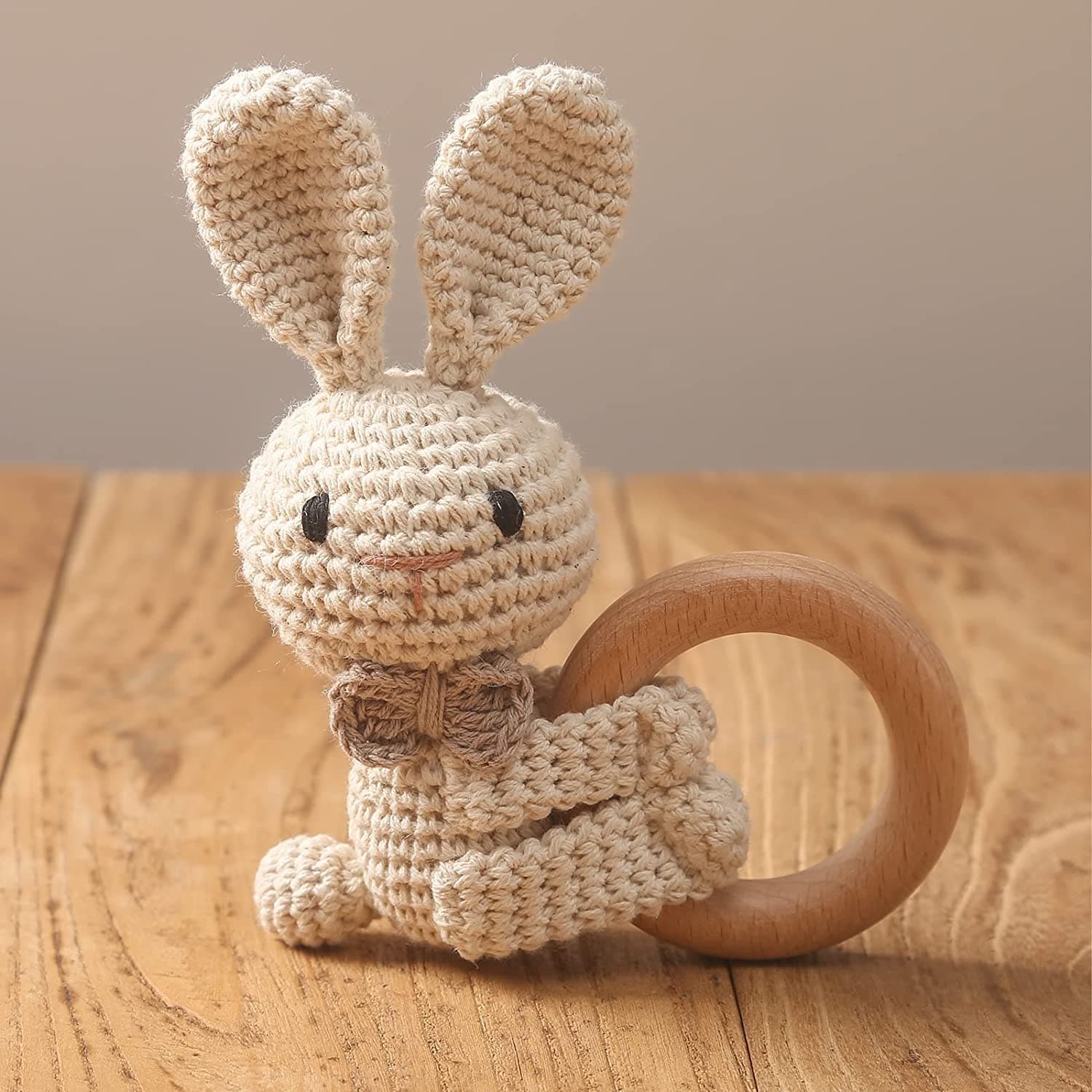 Wooden Baby Rattle Crochet Fox Baby Toys Handmade Newborn Toy Early Development Grips Stuffed Animal Organic Rattle (Rabbit)