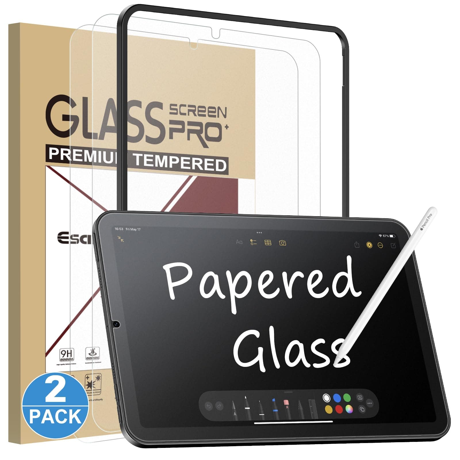 Esanik Like Paper Glass Screen Protector for iPad Mini 7 (2024)/iPad Mini 6 (2021) 9H Tempered Glass Film with Alignment Frame Writes Like Paper Anti-Glare Compatible with Apple Pencil (2-Pack)