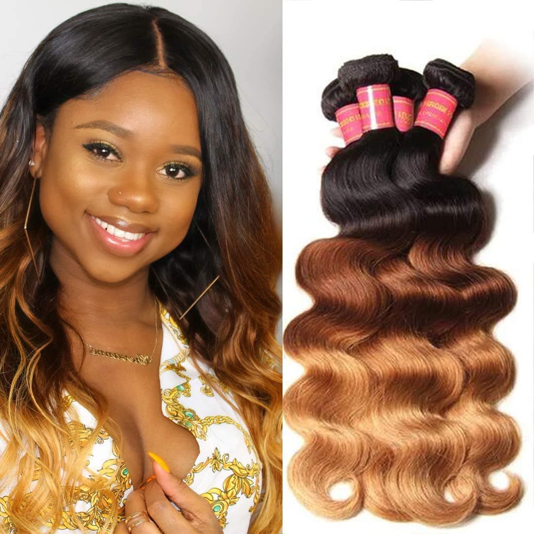 Sunber 12A Grade Ombre Bundles Body Wave 3 Bundles Brazilian Virgin Human Hair Bundles Ombre Human Hair Extensions 3 Tone Mixed 1B/4/27 Color (20 22 24)Ombre Body Wave Bundles Mixed Color