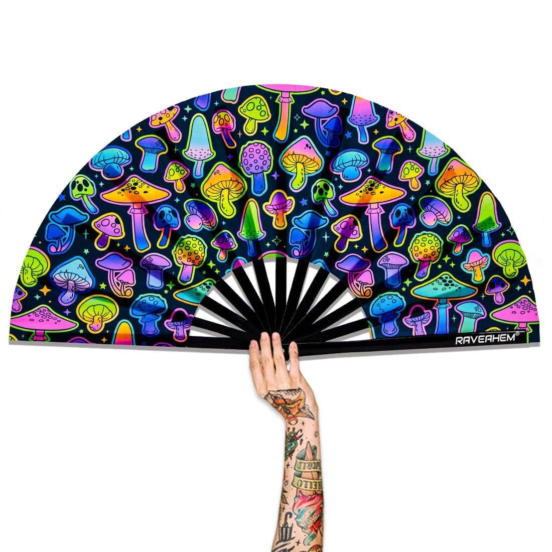 UV Glow Rave Fan, Bamboo Folding Clack Hand Fans Foldable for Men Women, Poping Fan for EDM Festival Line Dance Decoration, (Magic Mushrooms, Large 13")