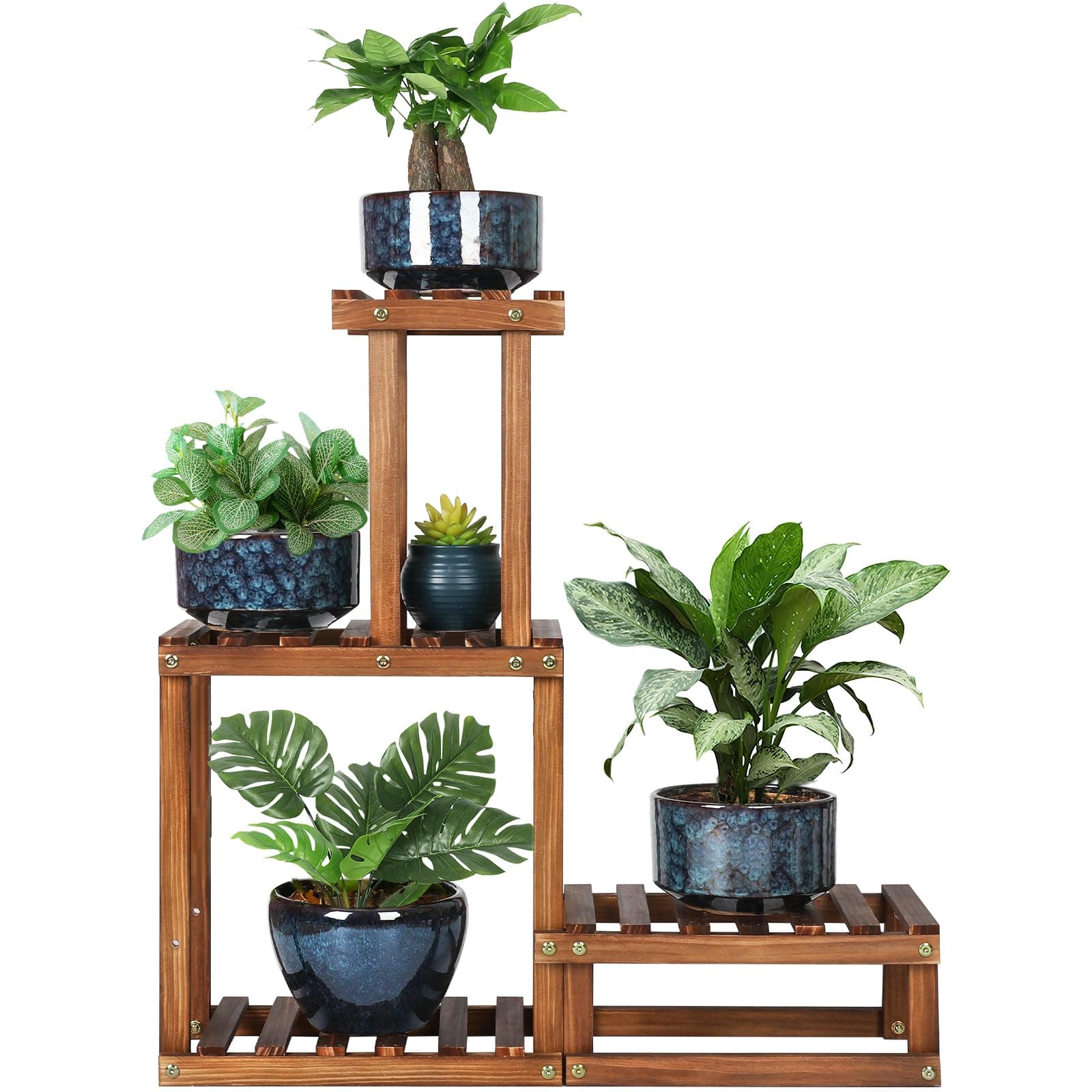 Wood Plant Stand Indoor Outdoor 4 Tiers Plant Rack Corner Planter Shelf Flower Pot Holder for Living Room Garden Patio Yard Porch (Space Saving,27.6”,Small)
