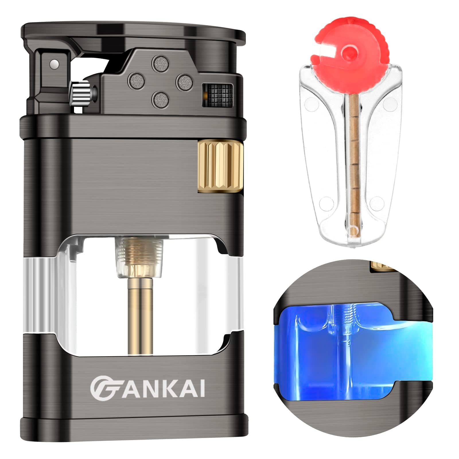 FANKAI Torch Lighter with LED Light, Single Jet Flame, ABS Fuel Tank, Retro Grinding Wheel, Windproof, Replaceable, Zinc Alloy, Brass, ABS, Gray
