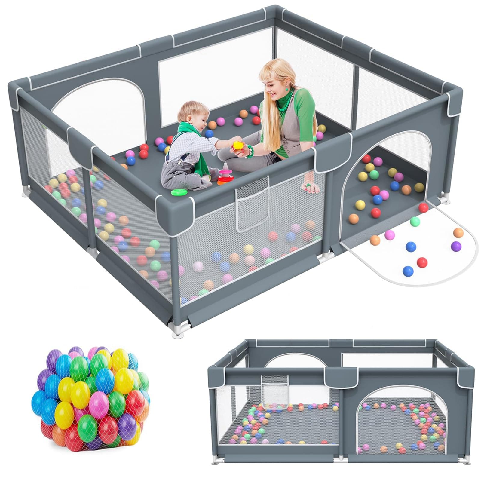 Baby Playpen 180 * 150CM Large Play Yard Playpen for Babies and Toddlers with 20 Ocean Balls,Indoor & Outdoor Safety Baby Activity Center with Breathable Mesh, Anti-Slip Suckers, Grey