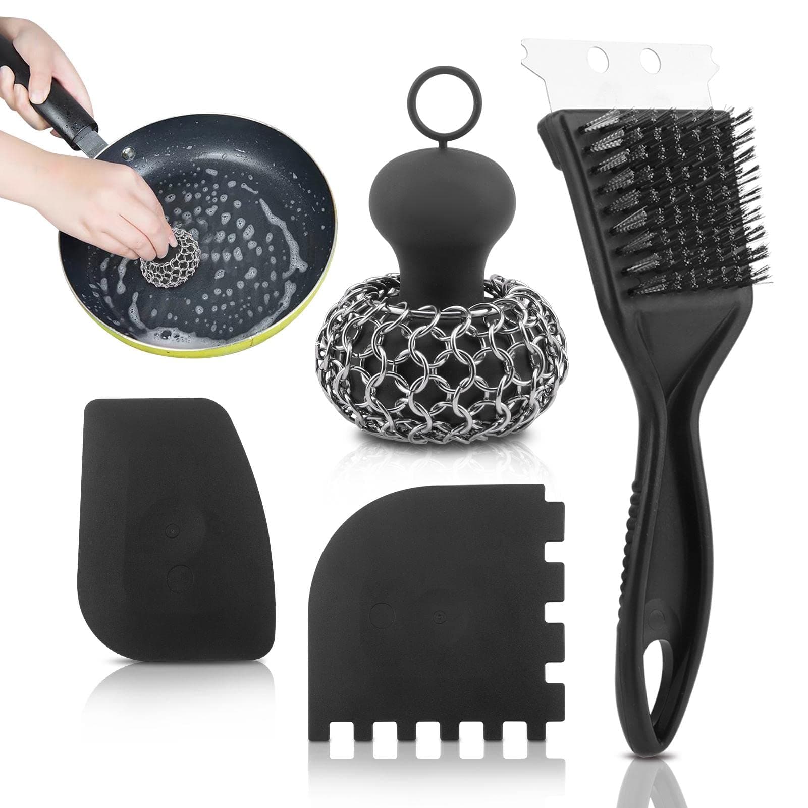 LVOERTUIGCast Iron Scrubber + Pan Scraper + Grill Brush, Cast Iron Cleaner with Ergonomic Handle for Pots and Skillets, Chainmail Scrubber for Cast Iron Pans and Skillets Dishwasher Safe(Black)