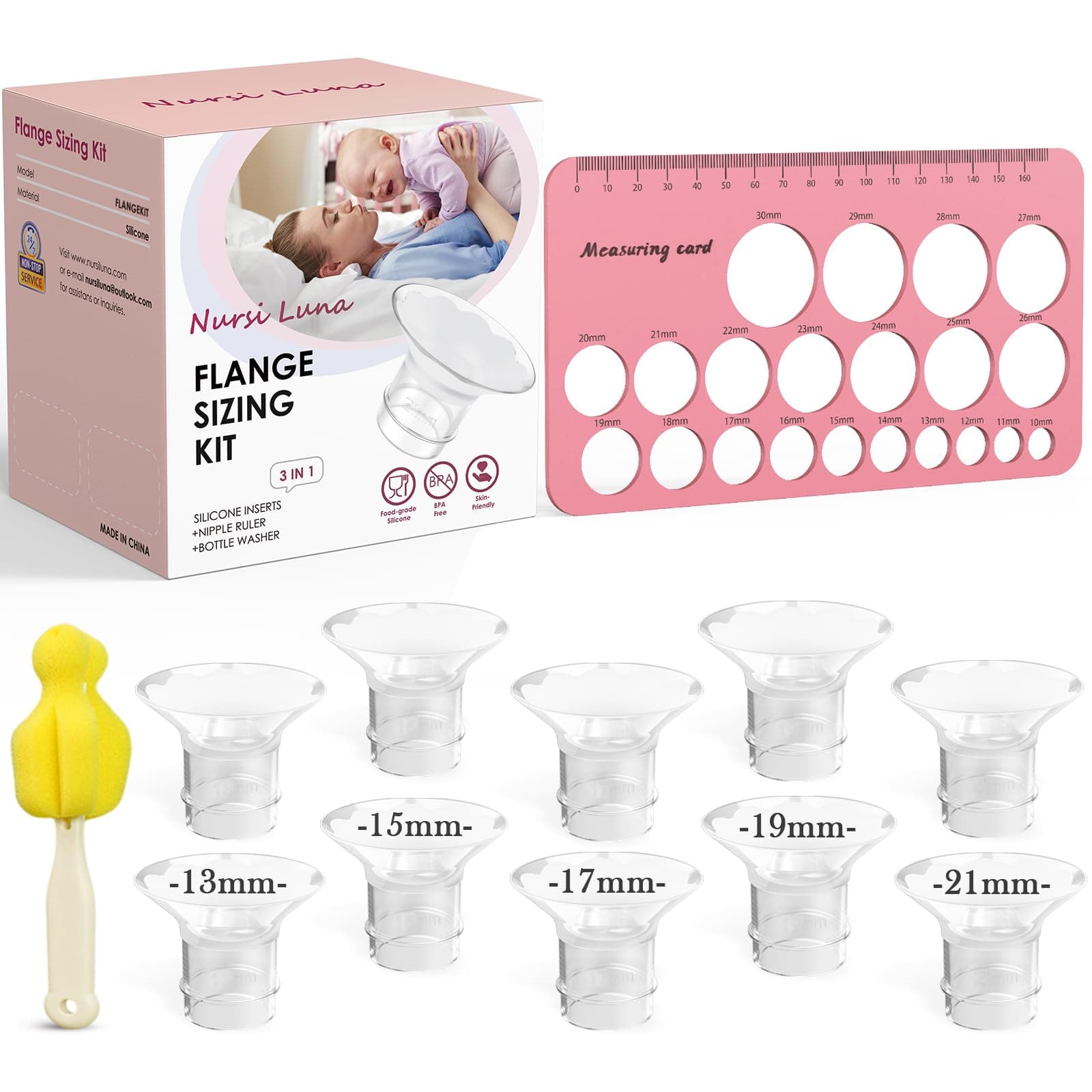 Flange Sizing Kit 3 in 1 with 10PCS Flange Inserts 13/15/17/19/21mm, Silicone Flanges Insert Kit for 24mm Flange/Shield, Pumping Essentials Kit for Moms