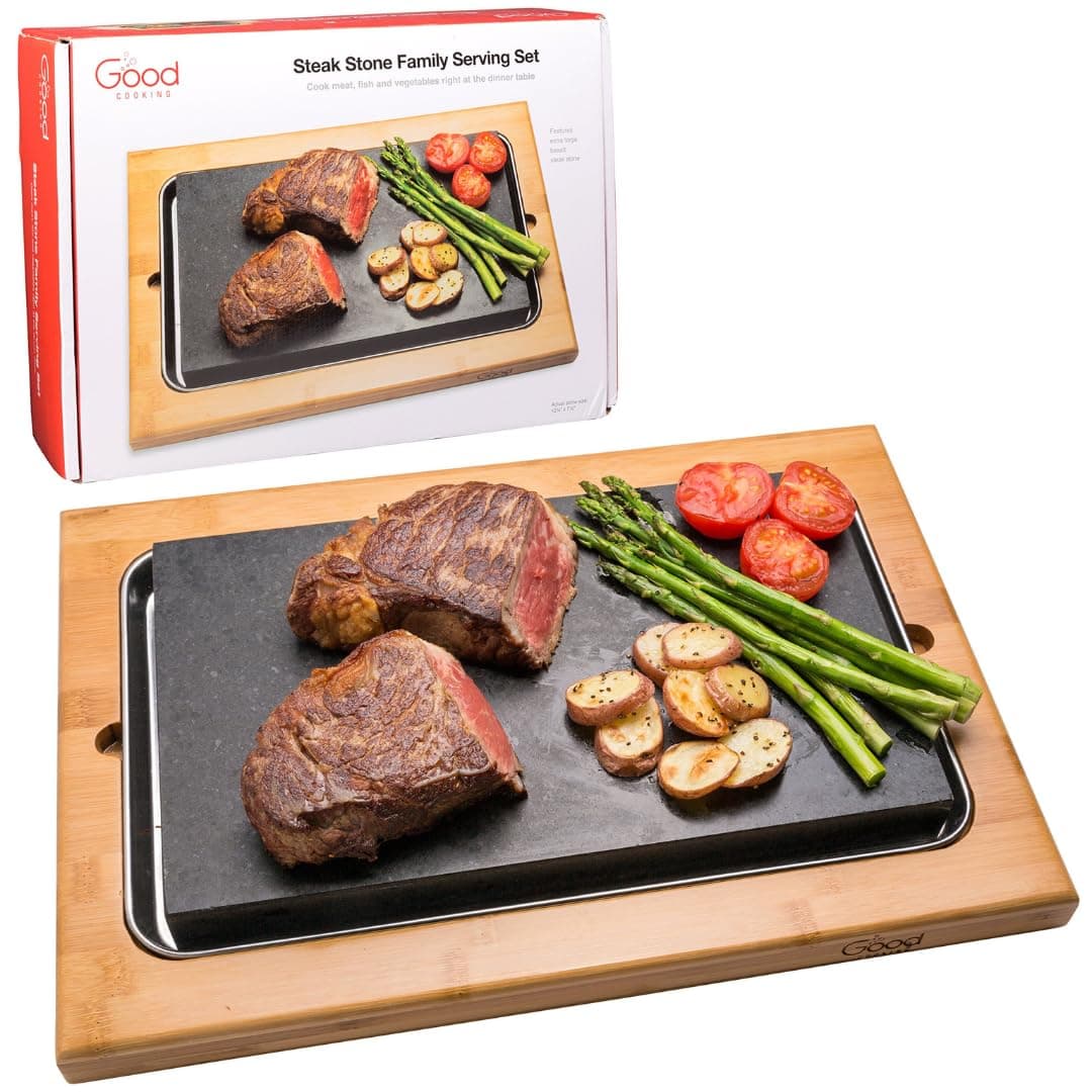 Good Cooking Stone- Extra Large Lava Hot Stone Tabletop Grill Platter and Cold Lava Rock Indoor BBQ Hibachi Grilling Stone (12.5" x 7.5") w Bamboo Platter