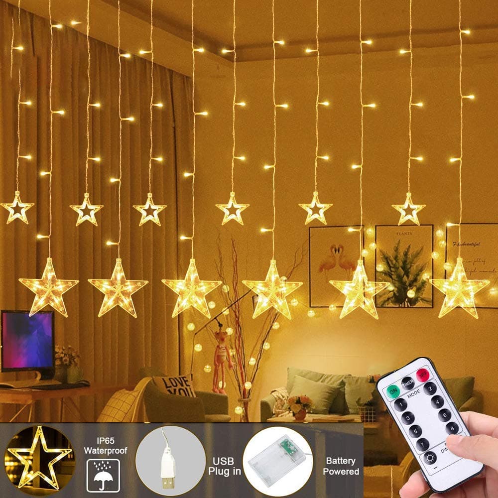 Galaxer LED Star String Lights 3 AA Battery Powered,2.5M Warm White Starry String Lights with 12 Stars 138 LEDs 8 Modes,Fairy LED String Windows Curtain Lights for Xmas Wedding Party Garden