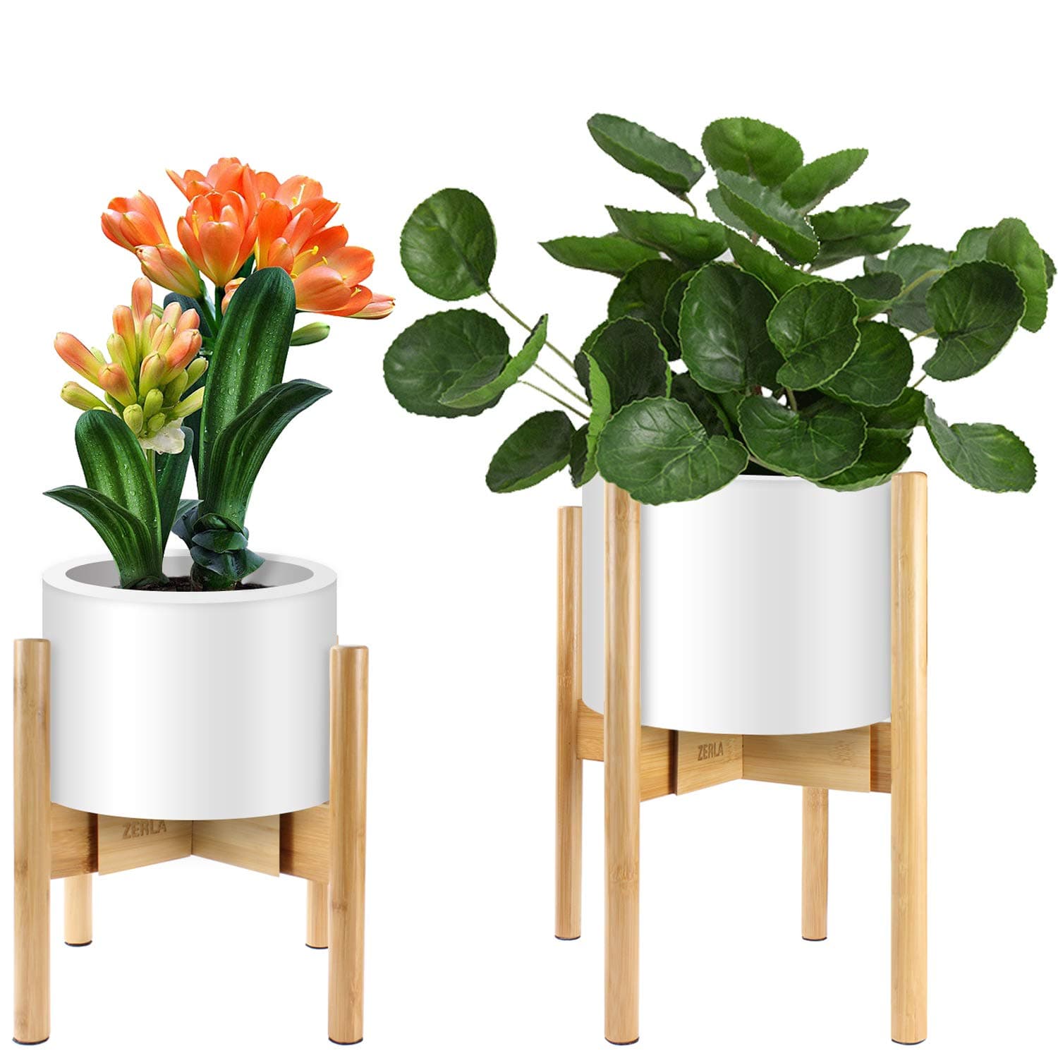 Mid-Century Plant Stand by ZERLA, Bamboo Wood Flower Pot Holder Display, Up to 12 Inch Planter - Planter Not Included (2 Pack)