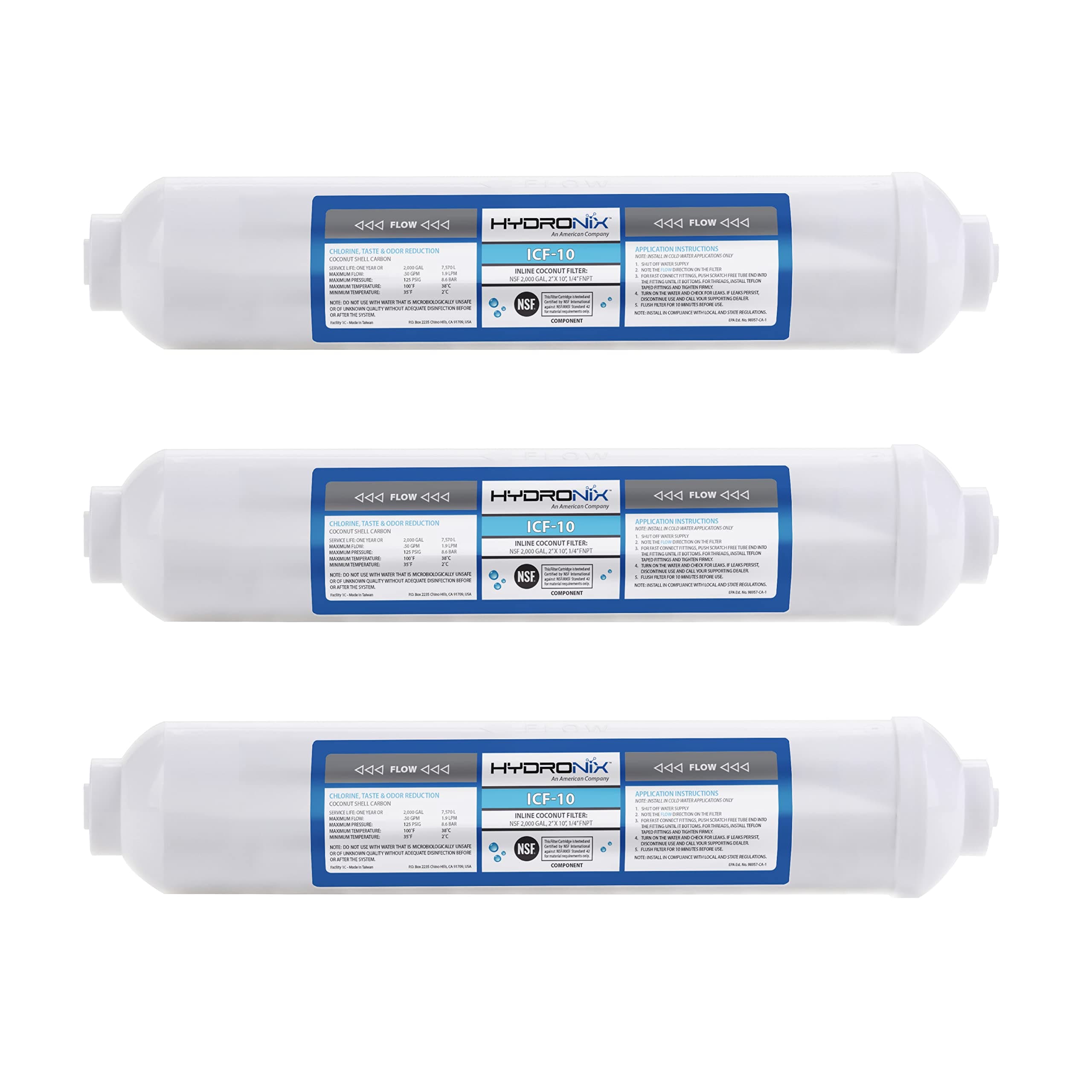 Hydronix ICF-10 Inline Post Activated Carbon Water Filter Replacement Cartridge with 1/4-Inch NPT for Refrigerator, Ice Maker, RO Reverse Osmosis System, 2000 Gallons - 1 Year Capacity (3 Pack)