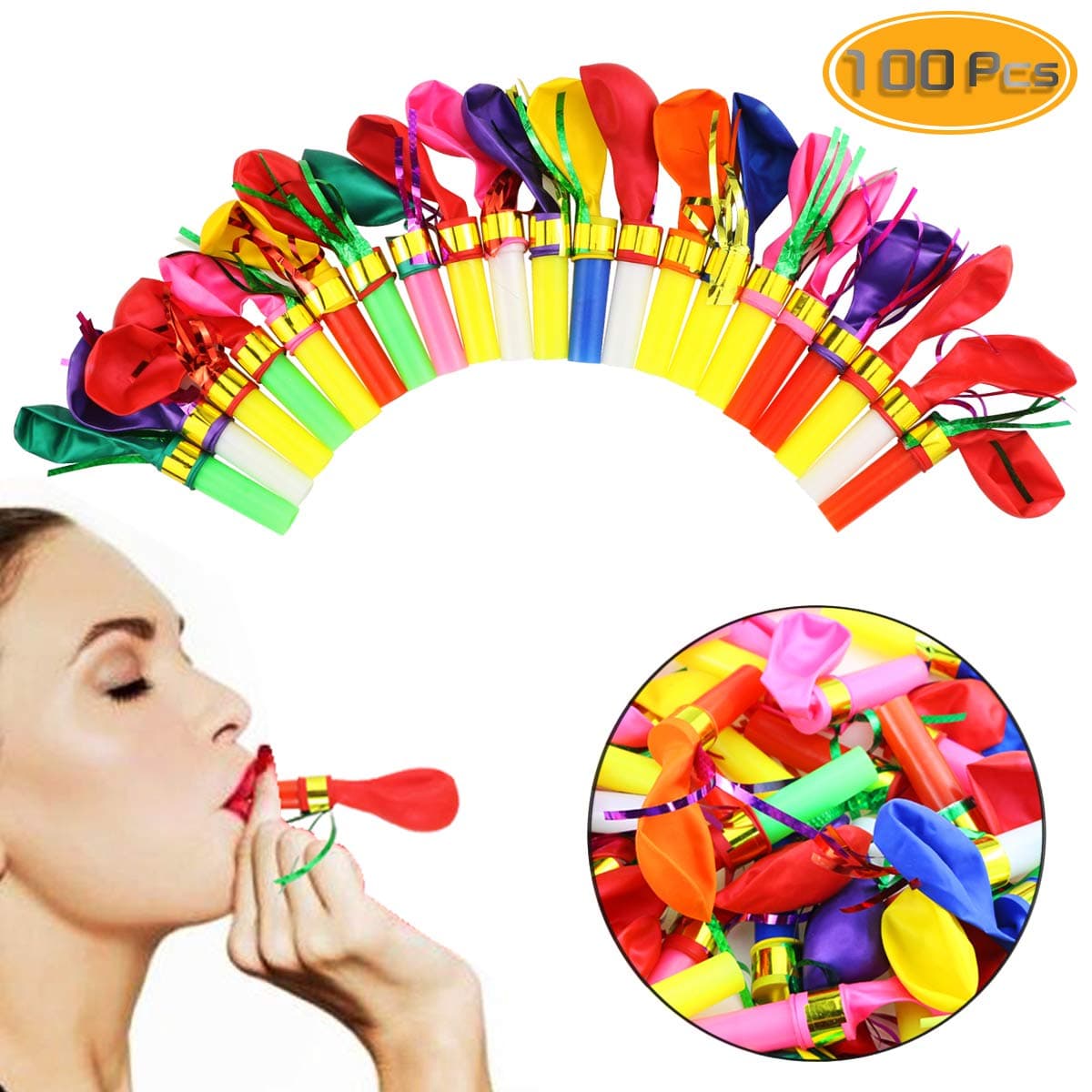 Neworkg 100pcs Multicolor Noisemakers Blowouts Party Horns with Balloons, Glitter Fringed Balloons Whistle, Party Whistles and Streamers, Bulk Toys, Birthday Party Favors, Party Accessory for Kids