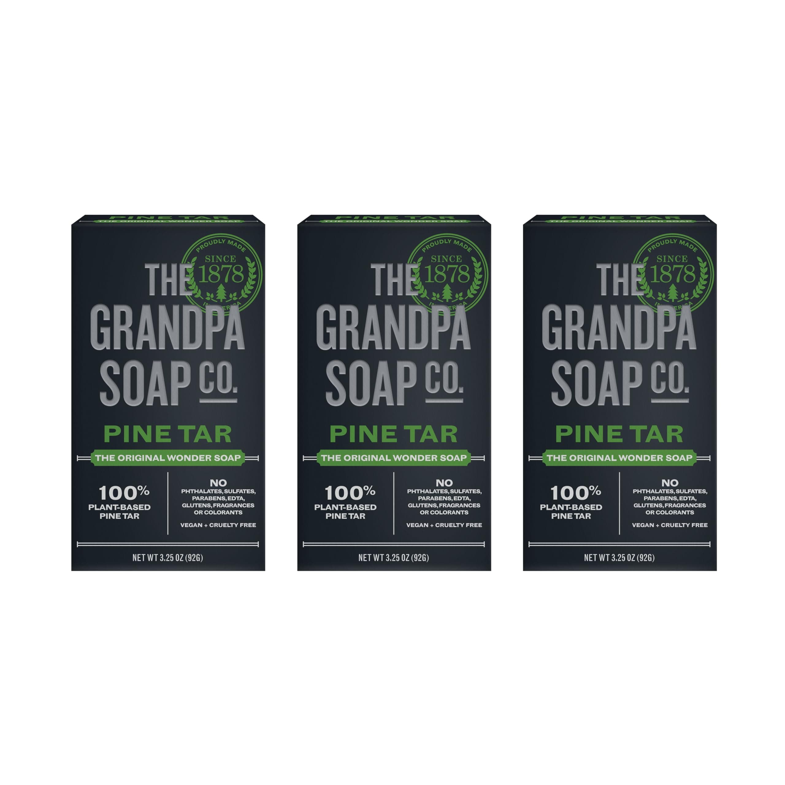 The Grandpa Soap Company Pine Tar Bar Soap for Men- Made With Pine Tar Oil, 3 in 1 Cleanser Deodorizer and Moisturizer, Dermatologist Tested, Safe for Sensitive Skin, 3.25 Oz, 3 Pack