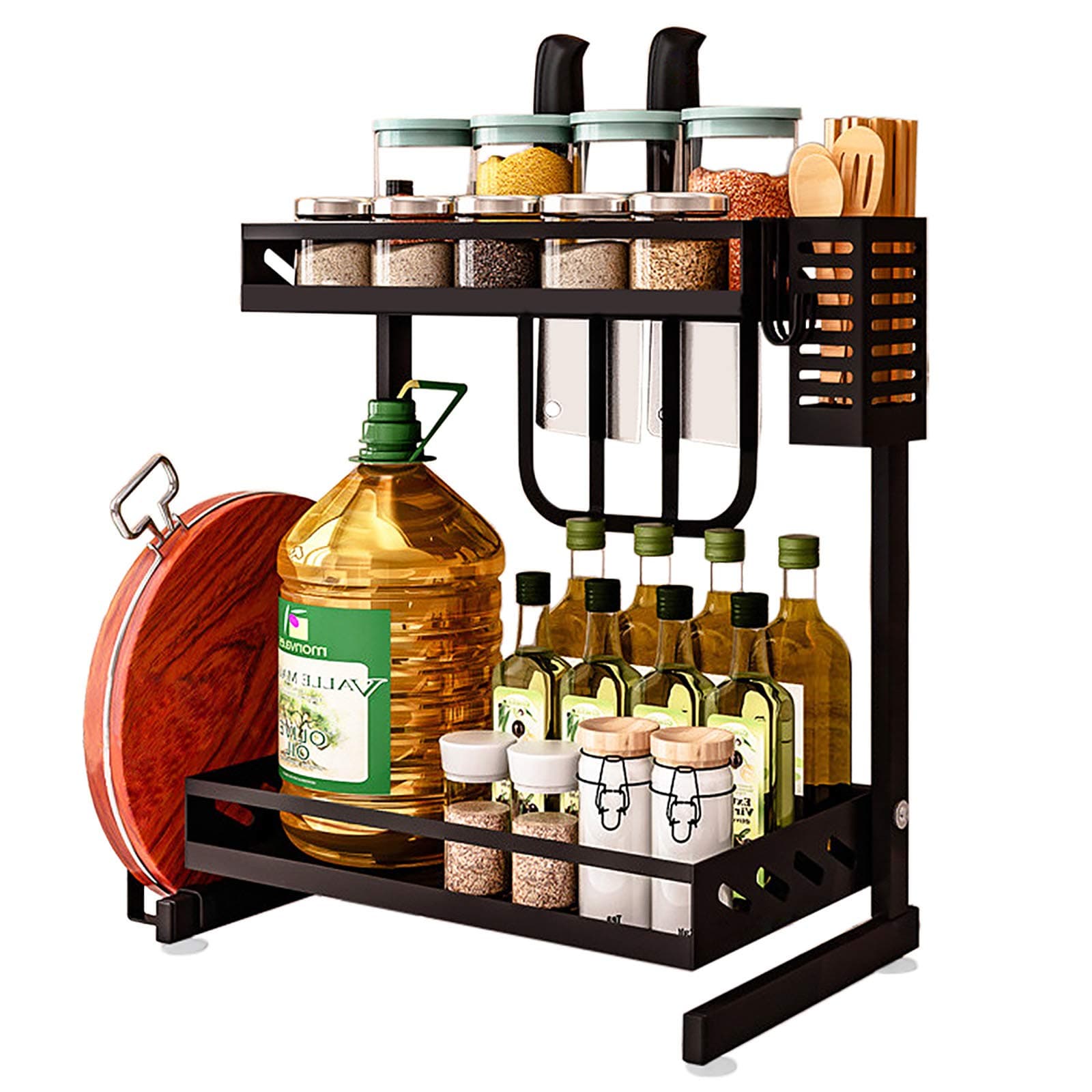 WHIFEA Spice Racks for Cabinet, 2 Tier Kitchen Storage Organizer Shelf with Knife Holder, Chopping Board Holder, Cutlery Holder and 3 Hooks